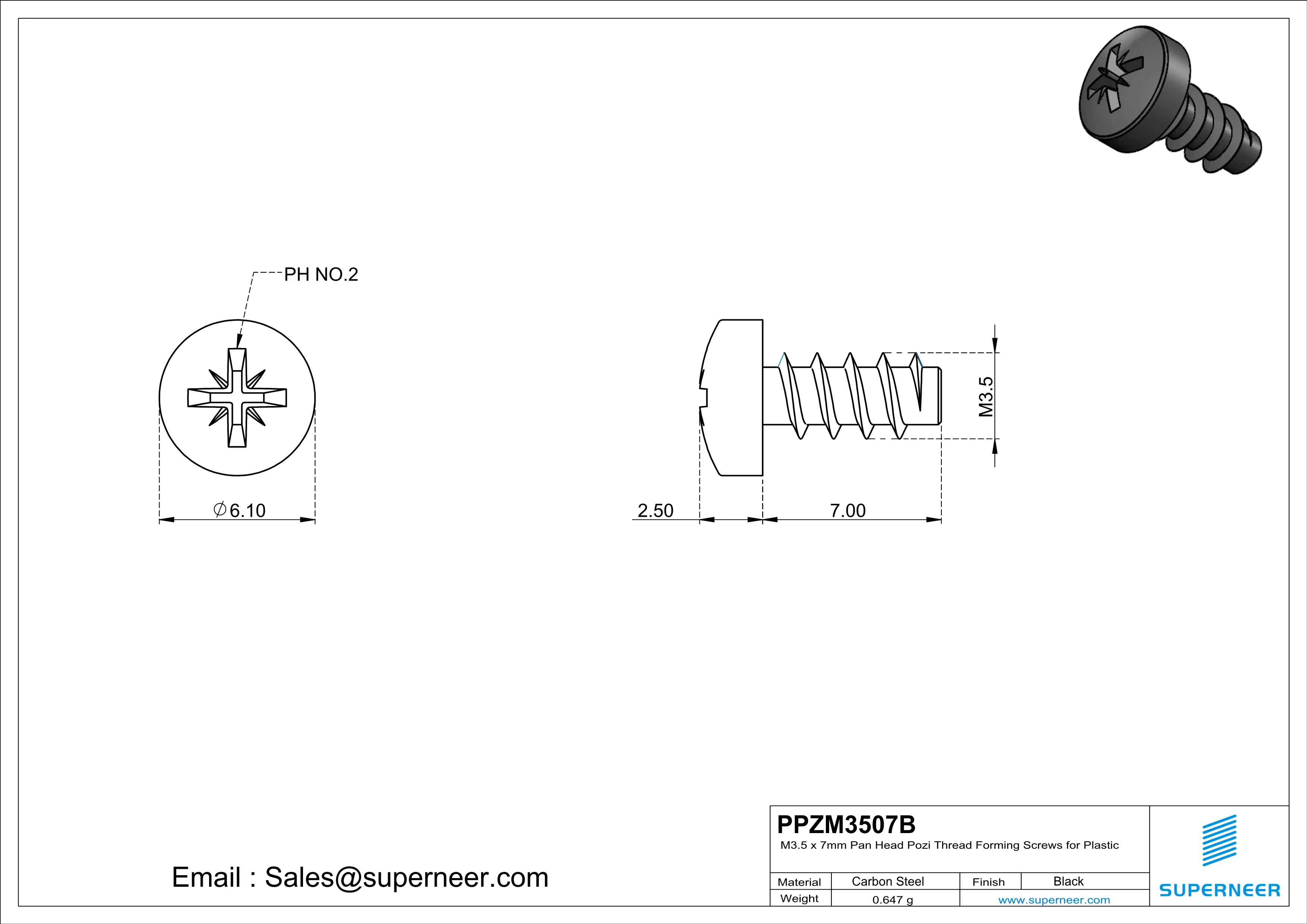 M3.5 &times; 7mm  Pan Head Pozi Thread Foming Screws for Plastic   Steel Black