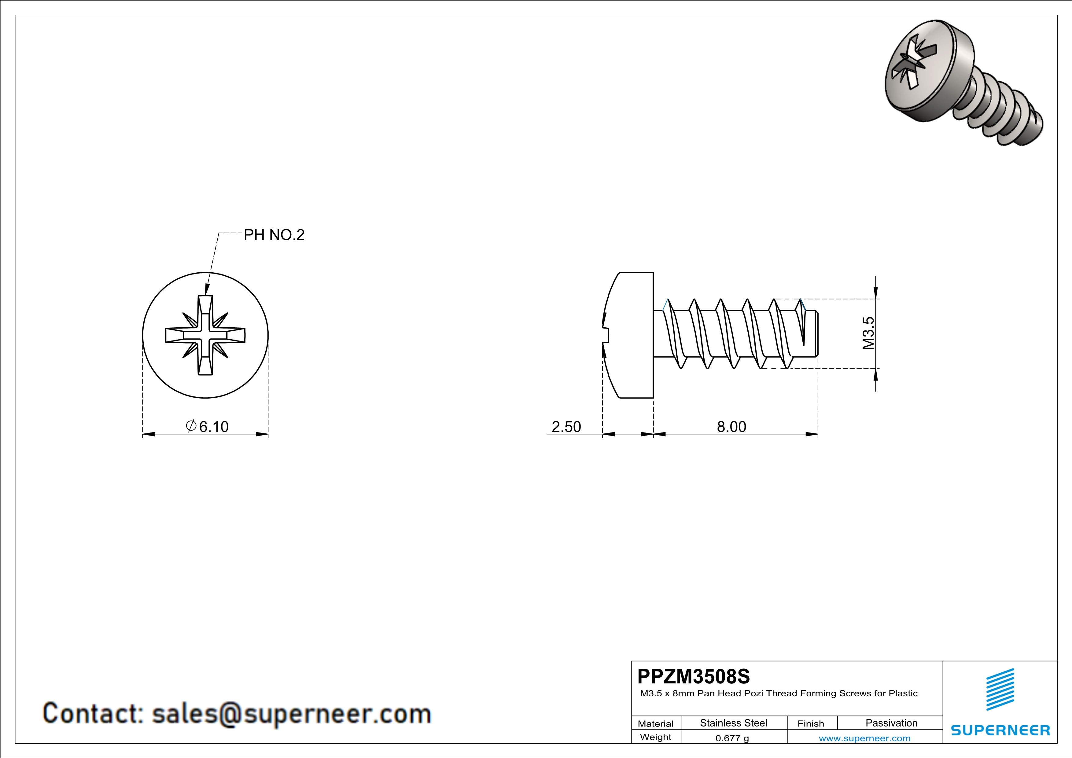 M3.5 &times; 8mm  Pan Head Pozi Thread Foming Screws for Plastic SUS304 Stainless Steel Inox