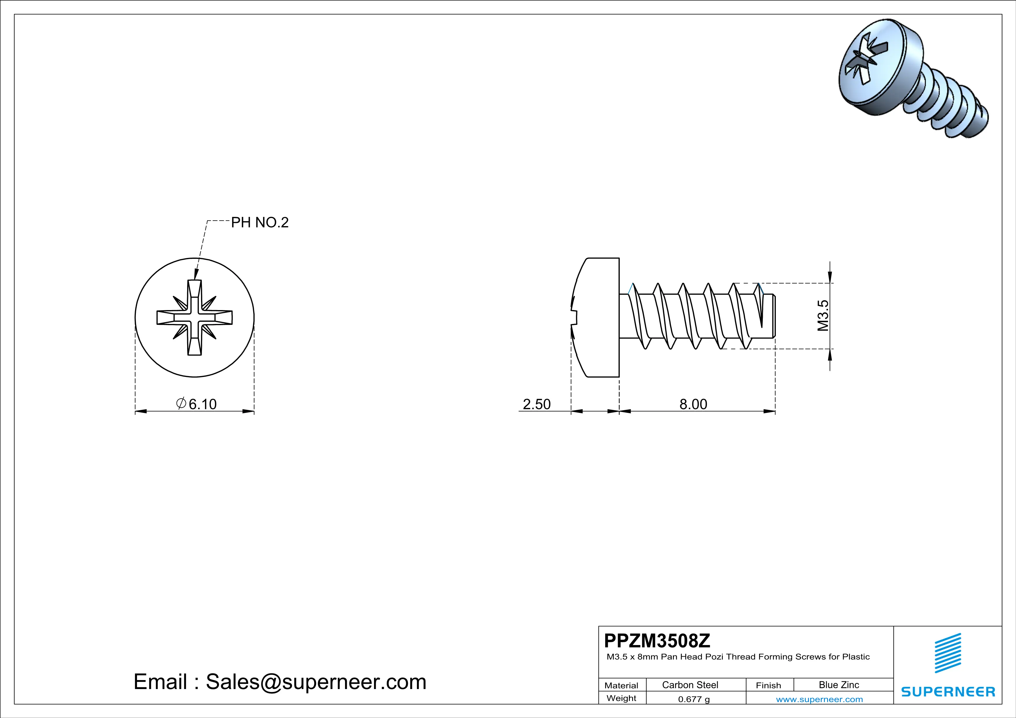 M3.5 &times; 8mm  Pan Head Pozi Thread Foming Screws for Plastic   Steel Blue Zinc Plated