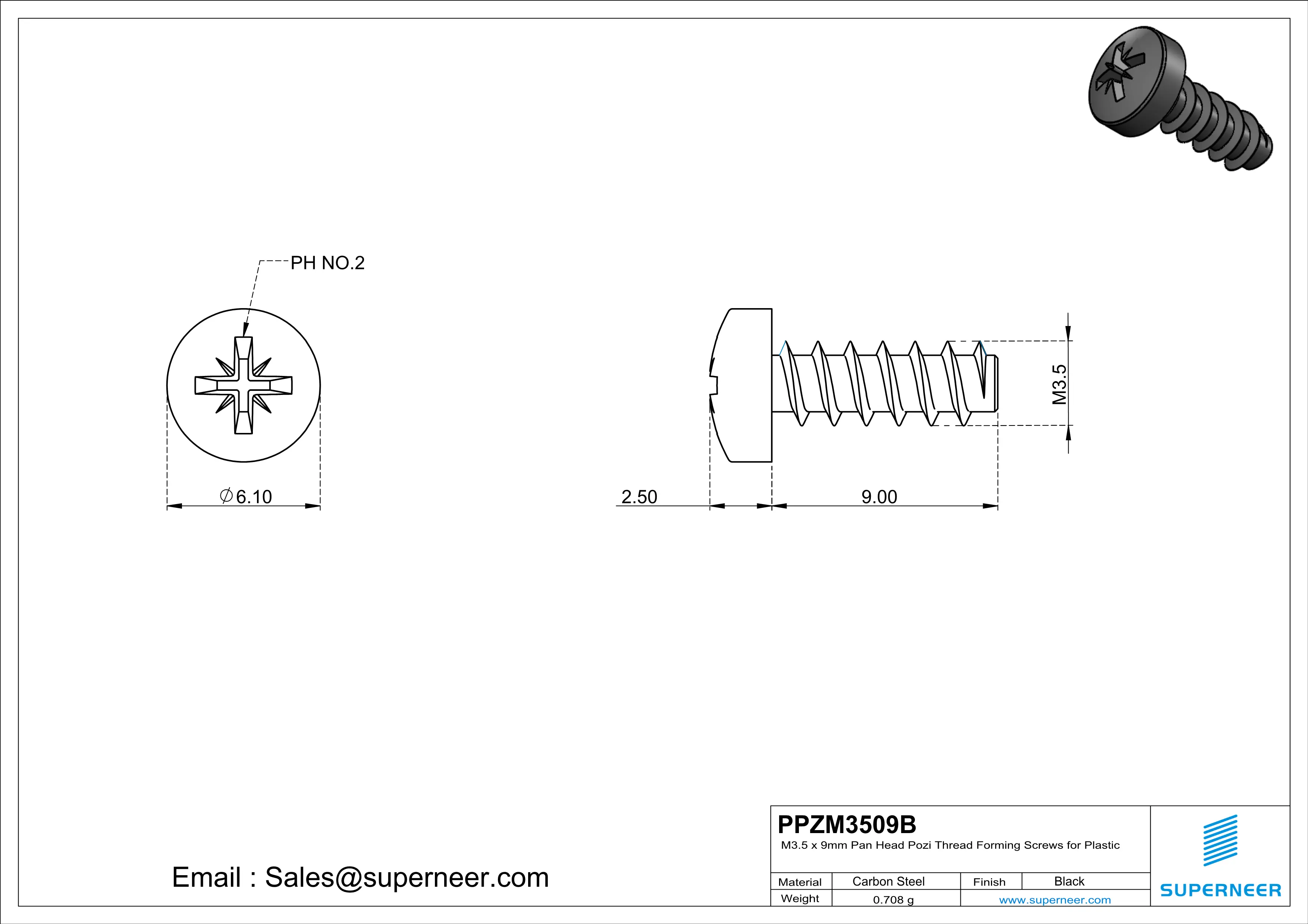 M3.5 &times; 9mm  Pan Head Pozi Thread Foming Screws for Plastic   Steel Black