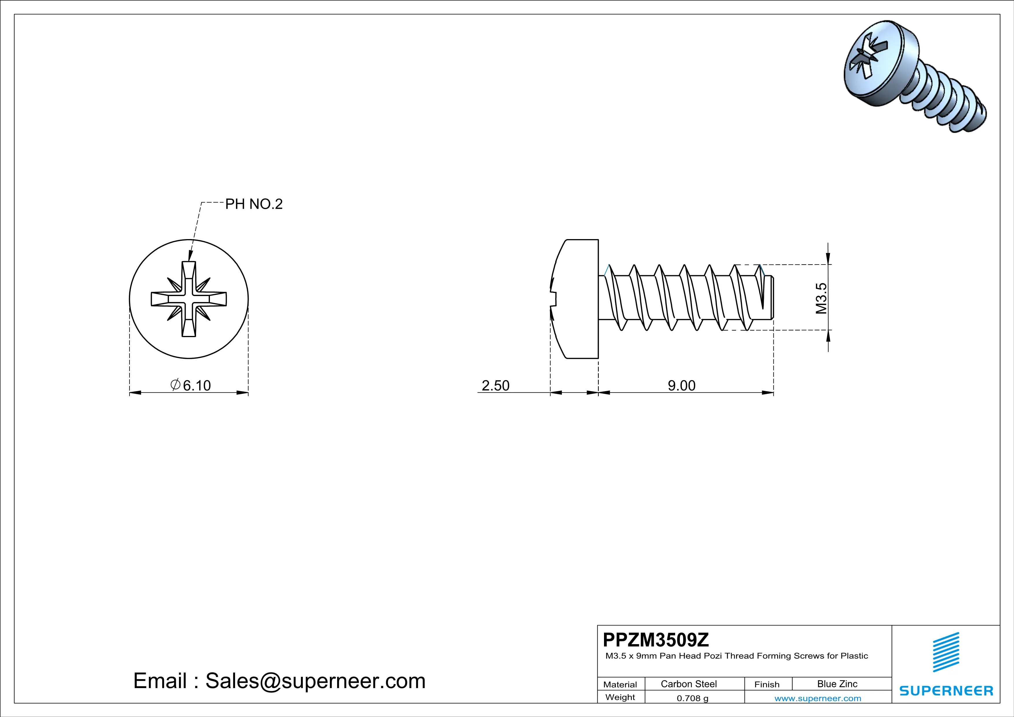 M3.5 &times; 9mm  Pan Head Pozi Thread Foming Screws for Plastic   Steel Blue Zinc Plated