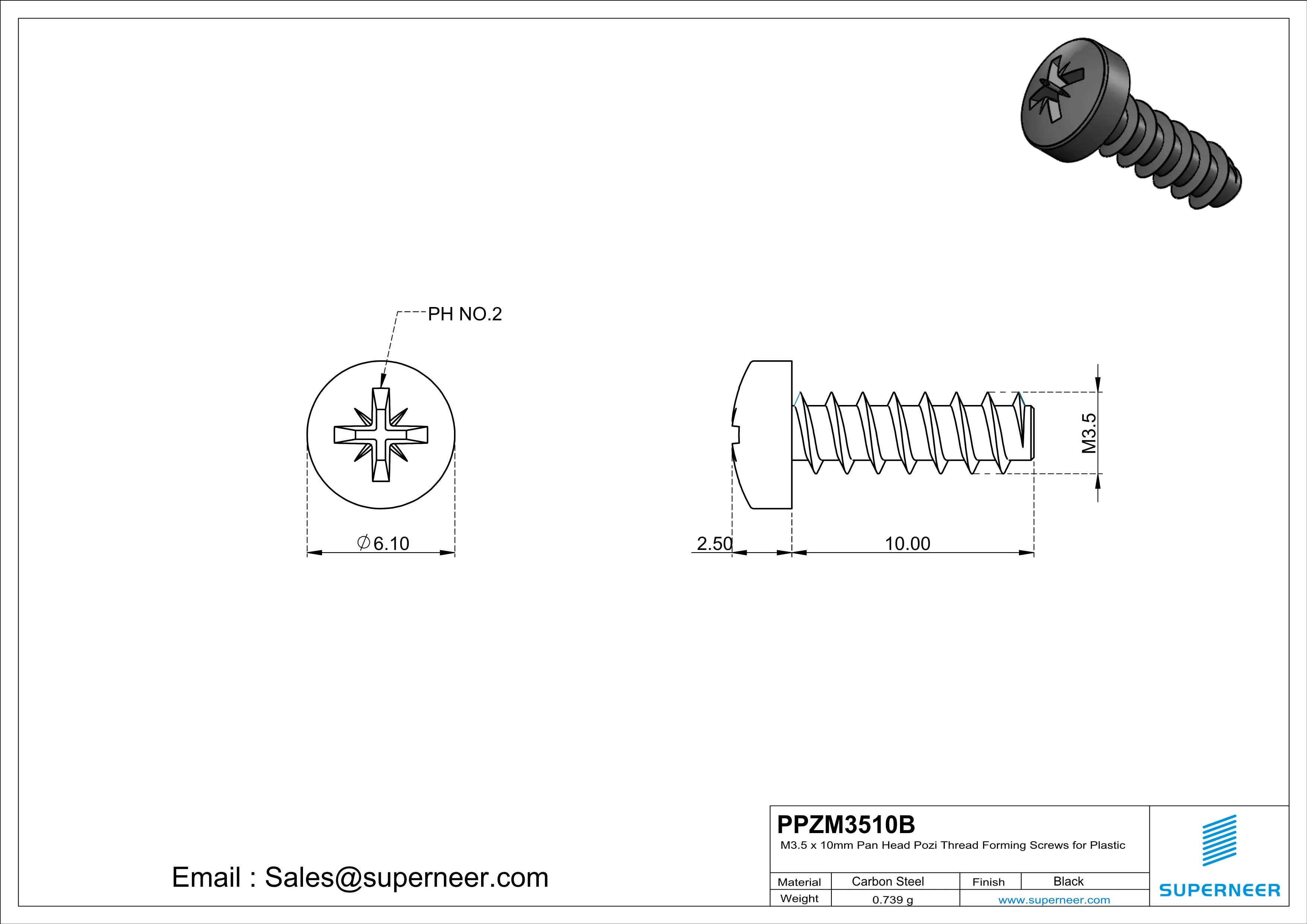 M3.5 &times; 10mm  Pan Head Pozi Thread Foming Screws for Plastic   Steel Black