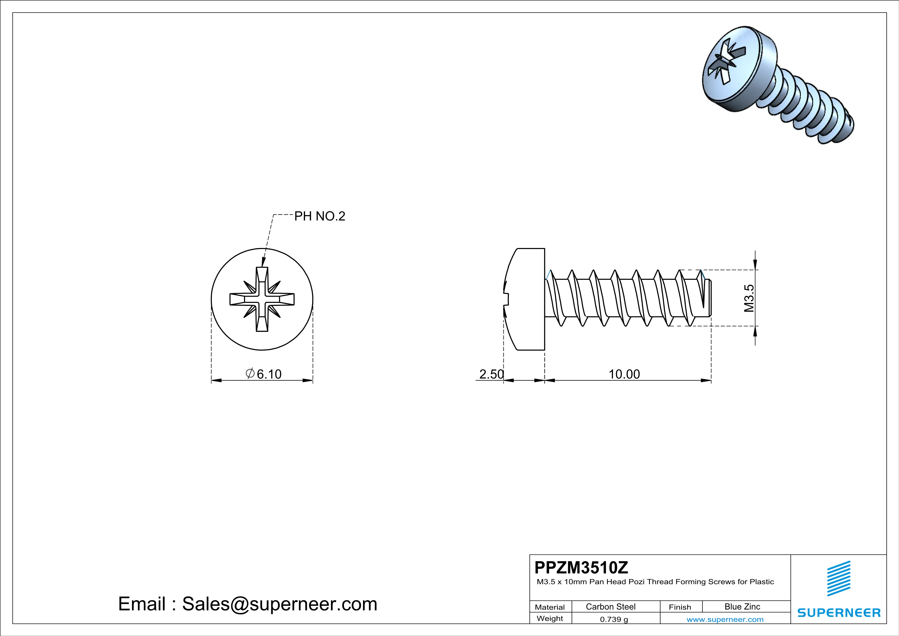 M3.5 &times; 10mm  Pan Head Pozi Thread Foming Screws for Plastic   Steel Blue Zinc Plated