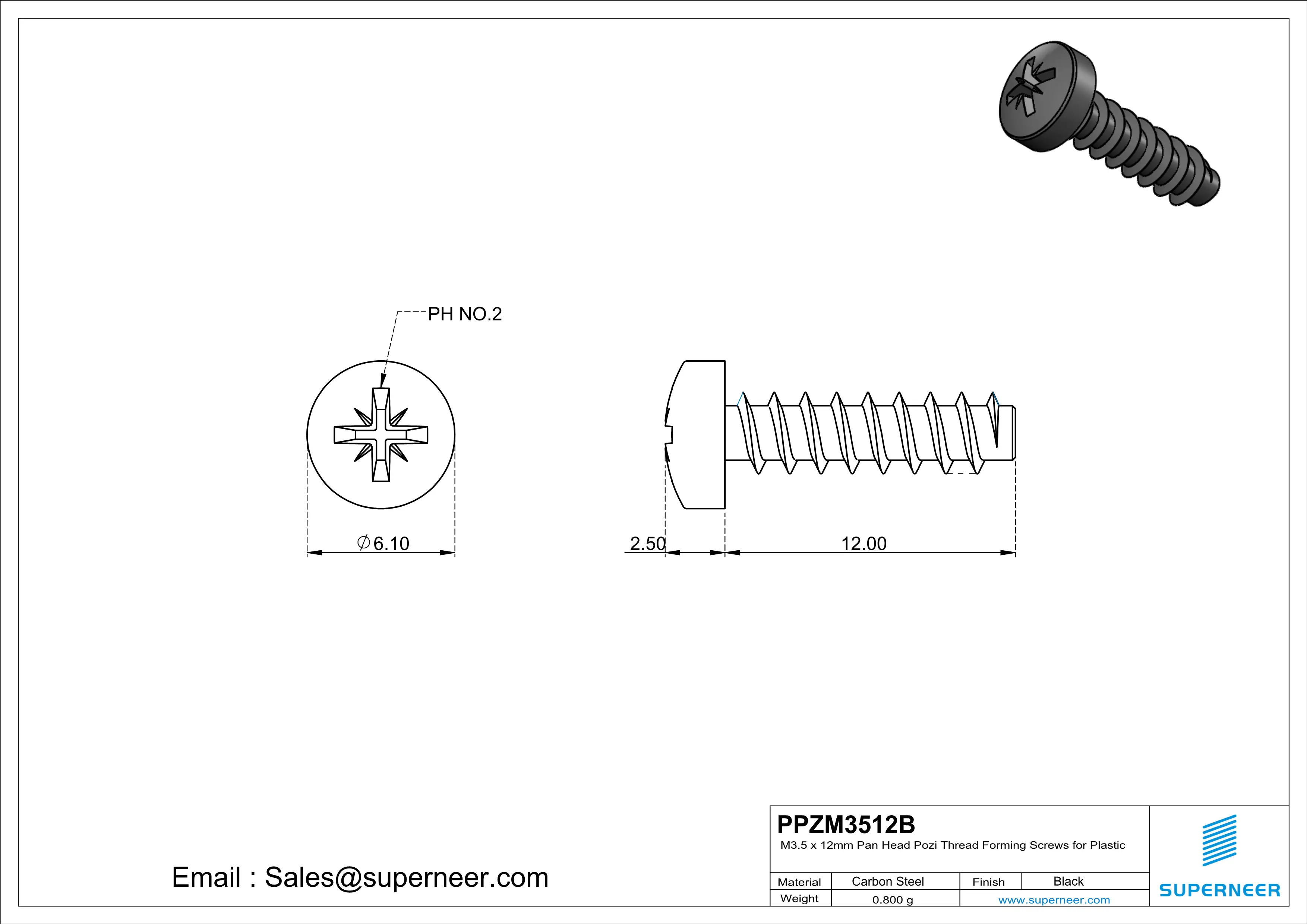 M3.5 &times; 12mm  Pan Head Pozi Thread Foming Screws for Plastic   Steel Black