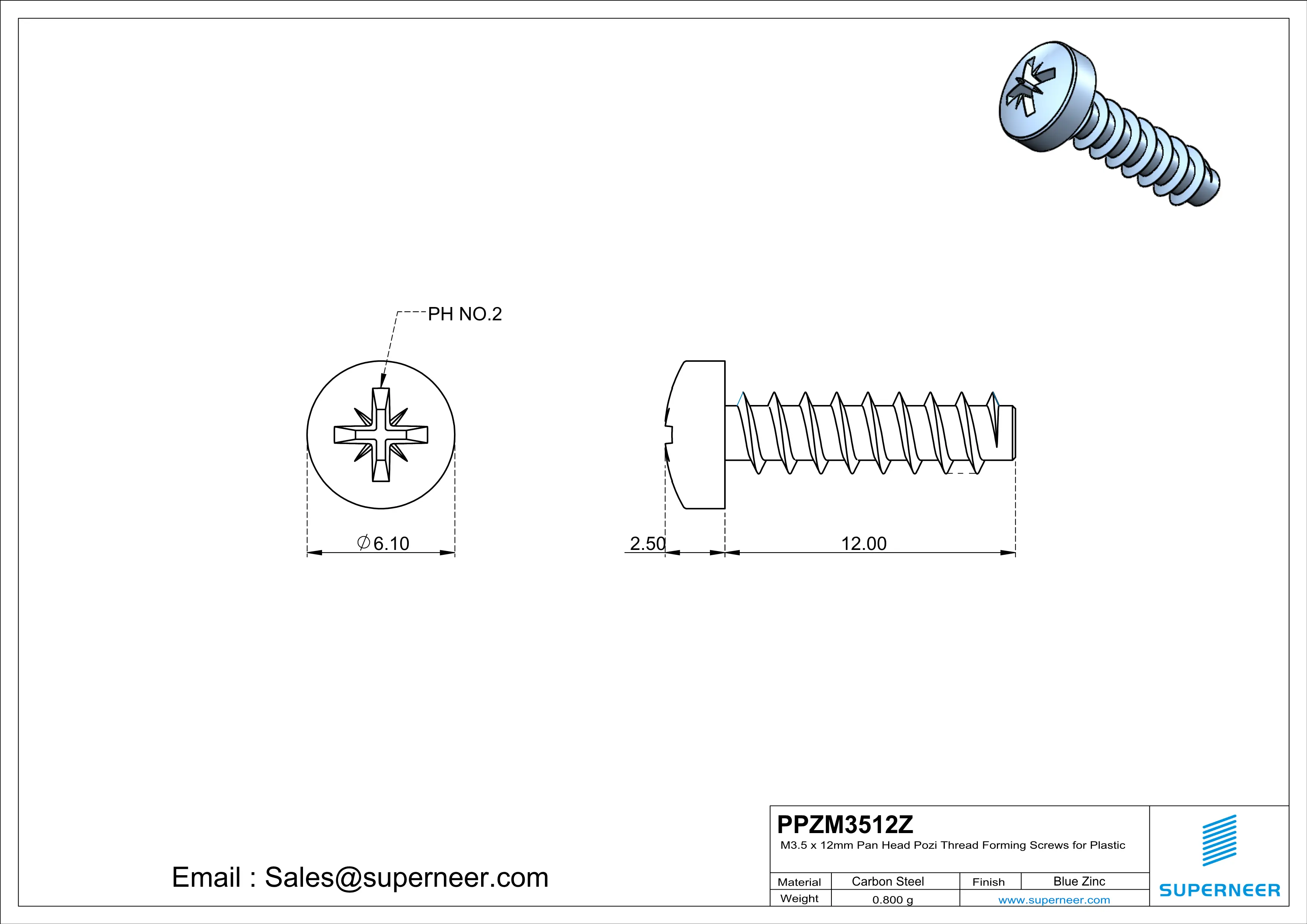 M3.5 &times; 12mm  Pan Head Pozi Thread Foming Screws for Plastic   Steel Blue Zinc Plated