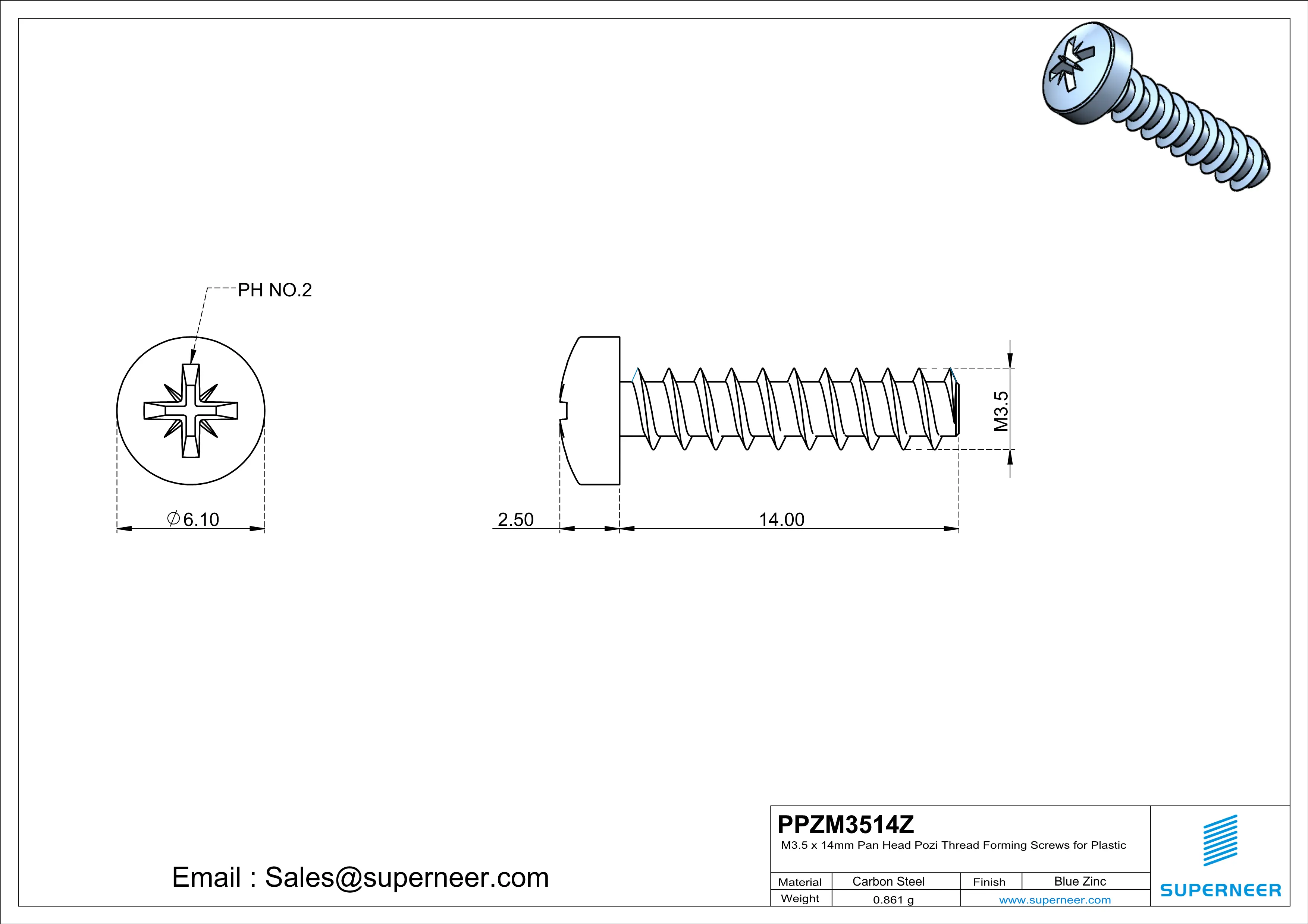 M3.5 &times; 14mm  Pan Head Pozi Thread Foming Screws for Plastic   Steel Blue Zinc Plated