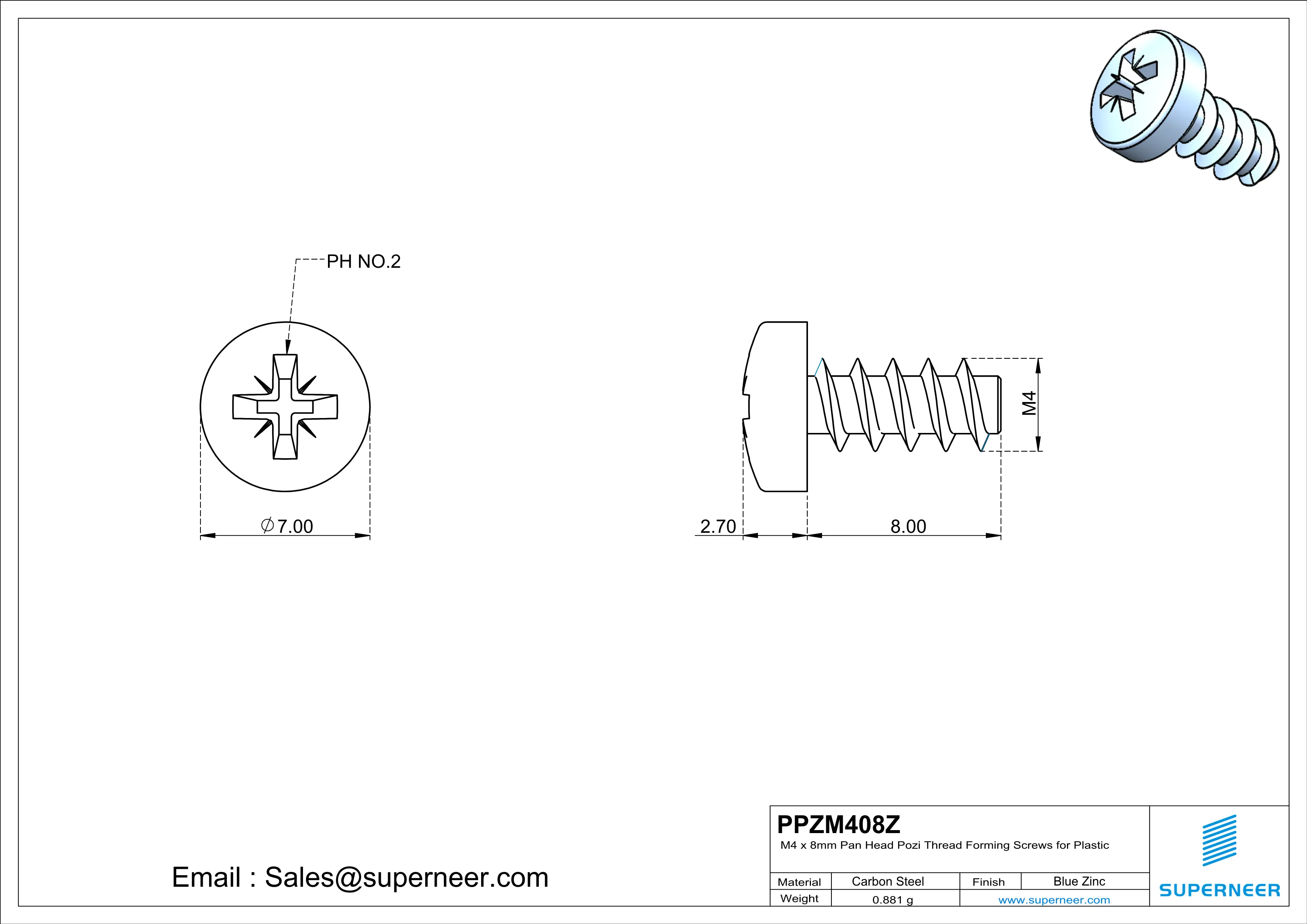 M4 &times; 8mm  Pan Head Pozi Thread Foming Screws for Plastic   Steel Blue Zinc Plated