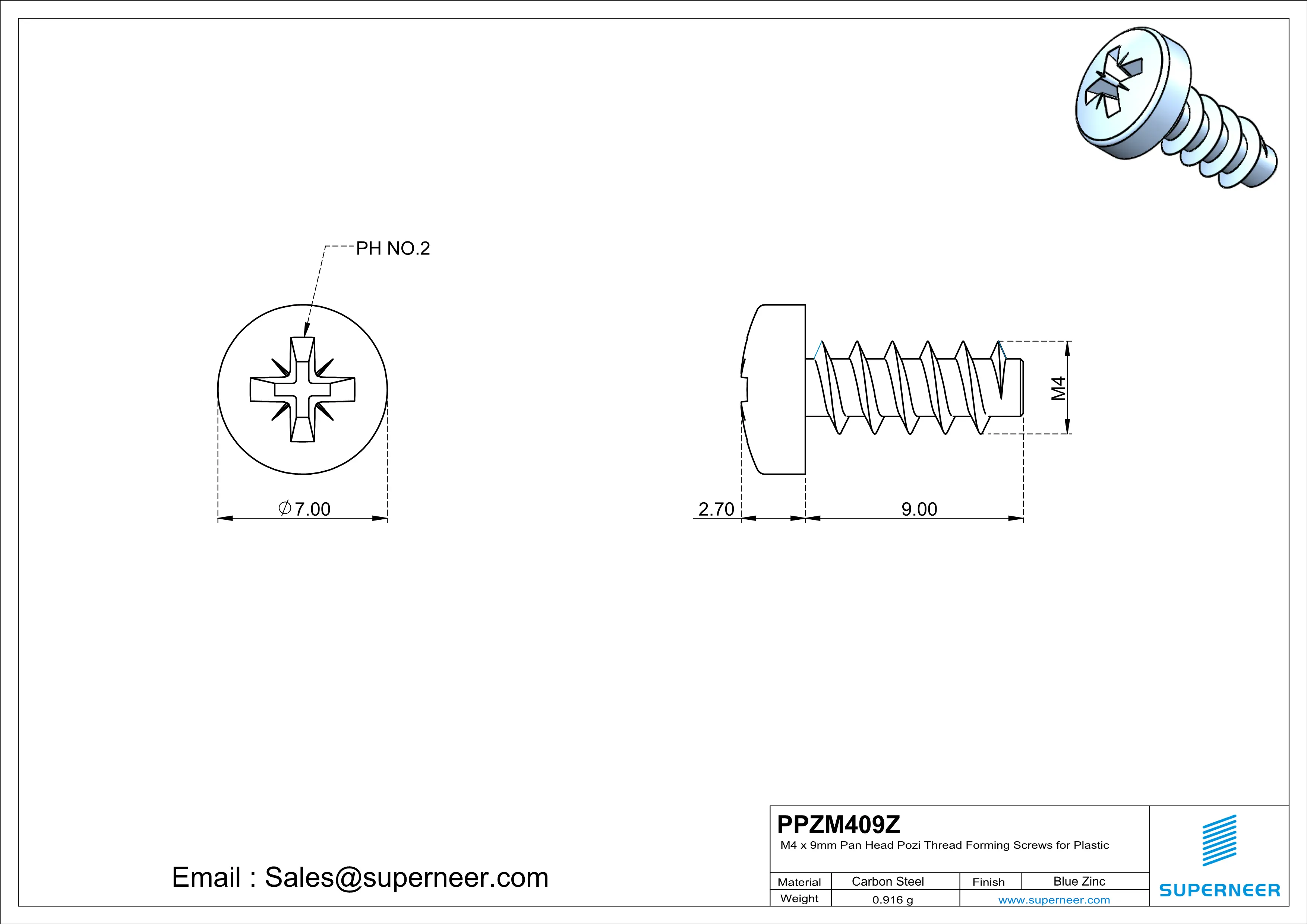 M4 &times; 9mm  Pan Head Pozi Thread Foming Screws for Plastic   Steel Blue Zinc Plated