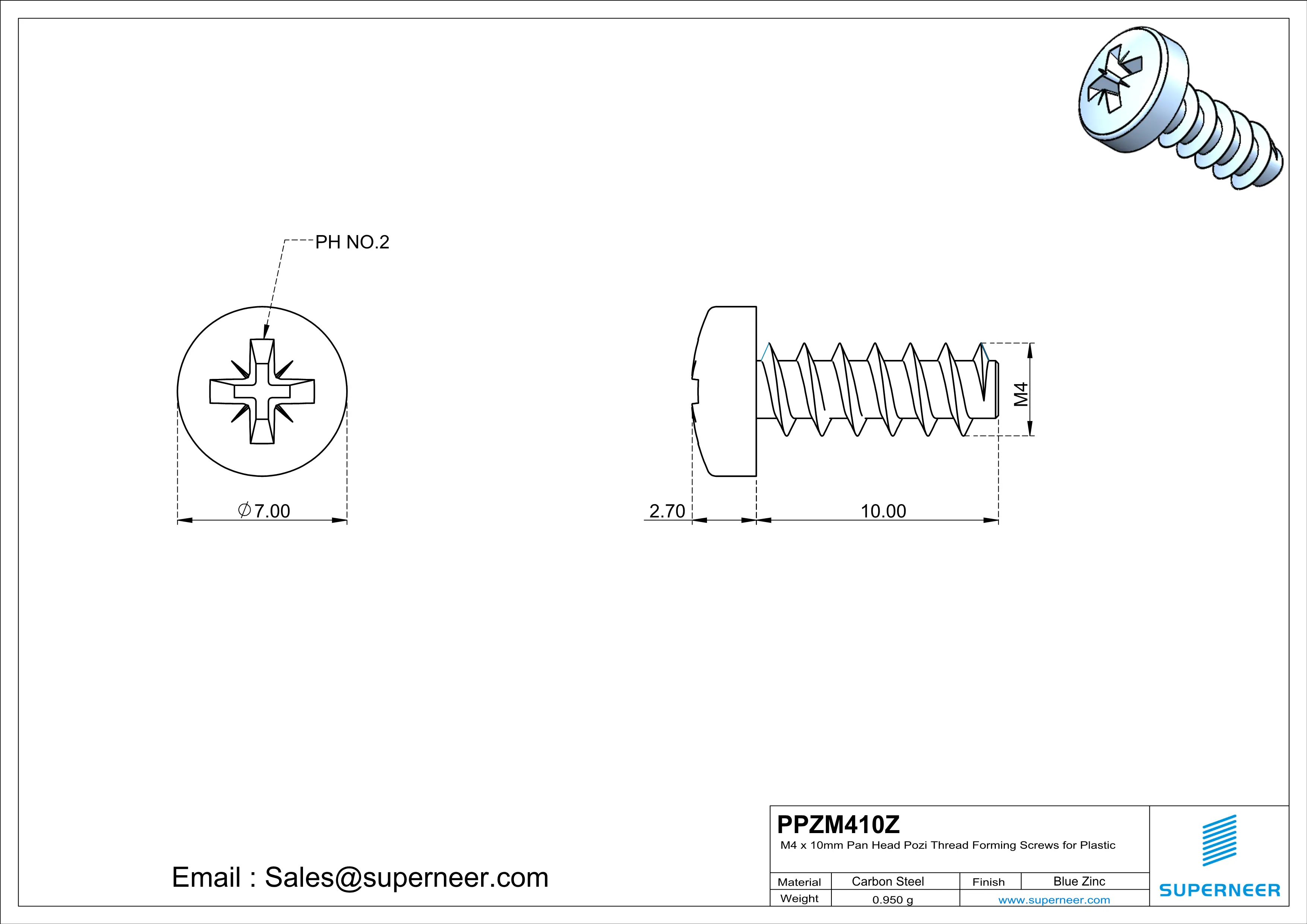 M4 &times; 10mm  Pan Head Pozi Thread Foming Screws for Plastic   Steel Blue Zinc Plated
