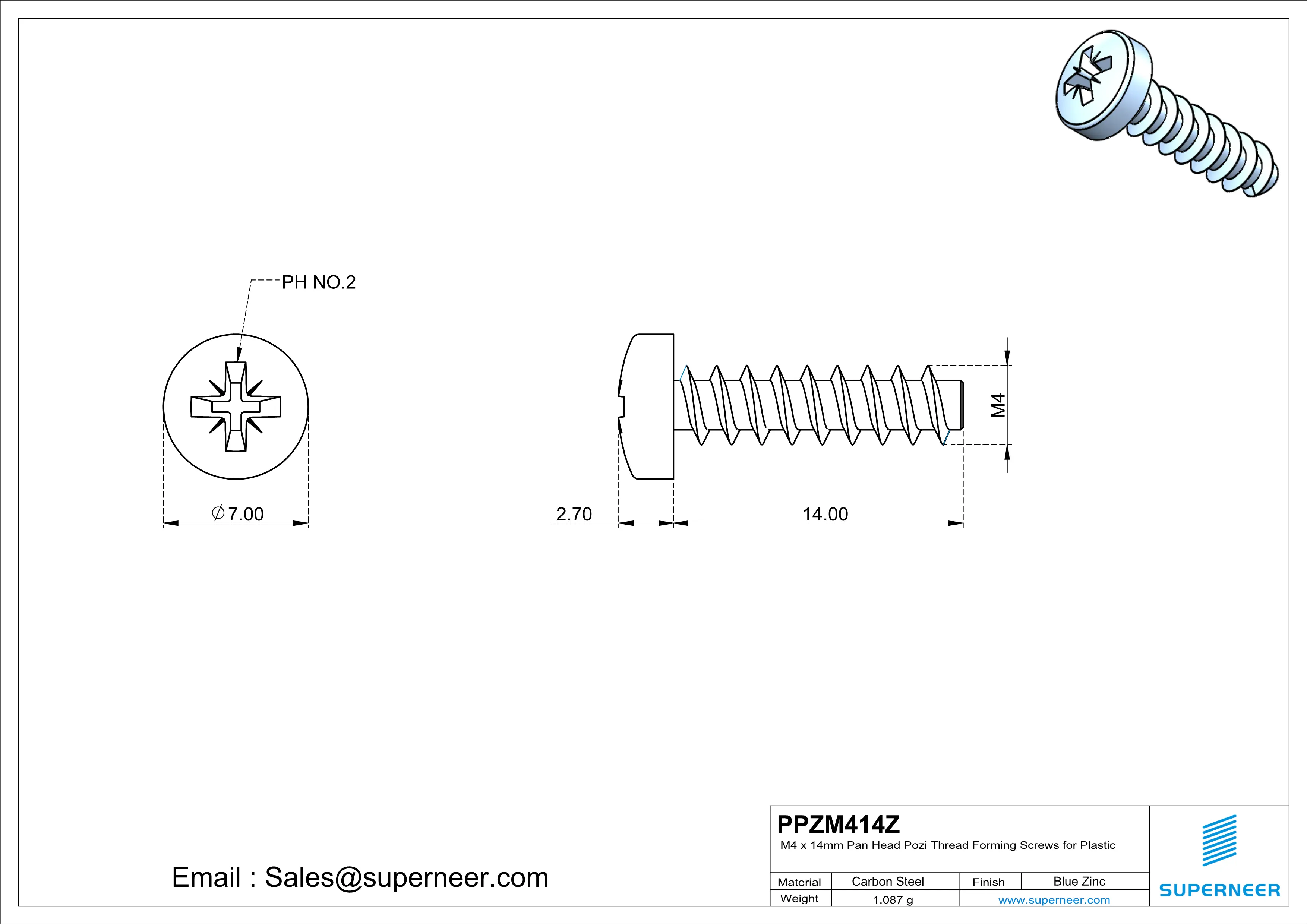 M4 &times; 14mm  Pan Head Pozi Thread Foming Screws for Plastic   Steel Blue Zinc Plated