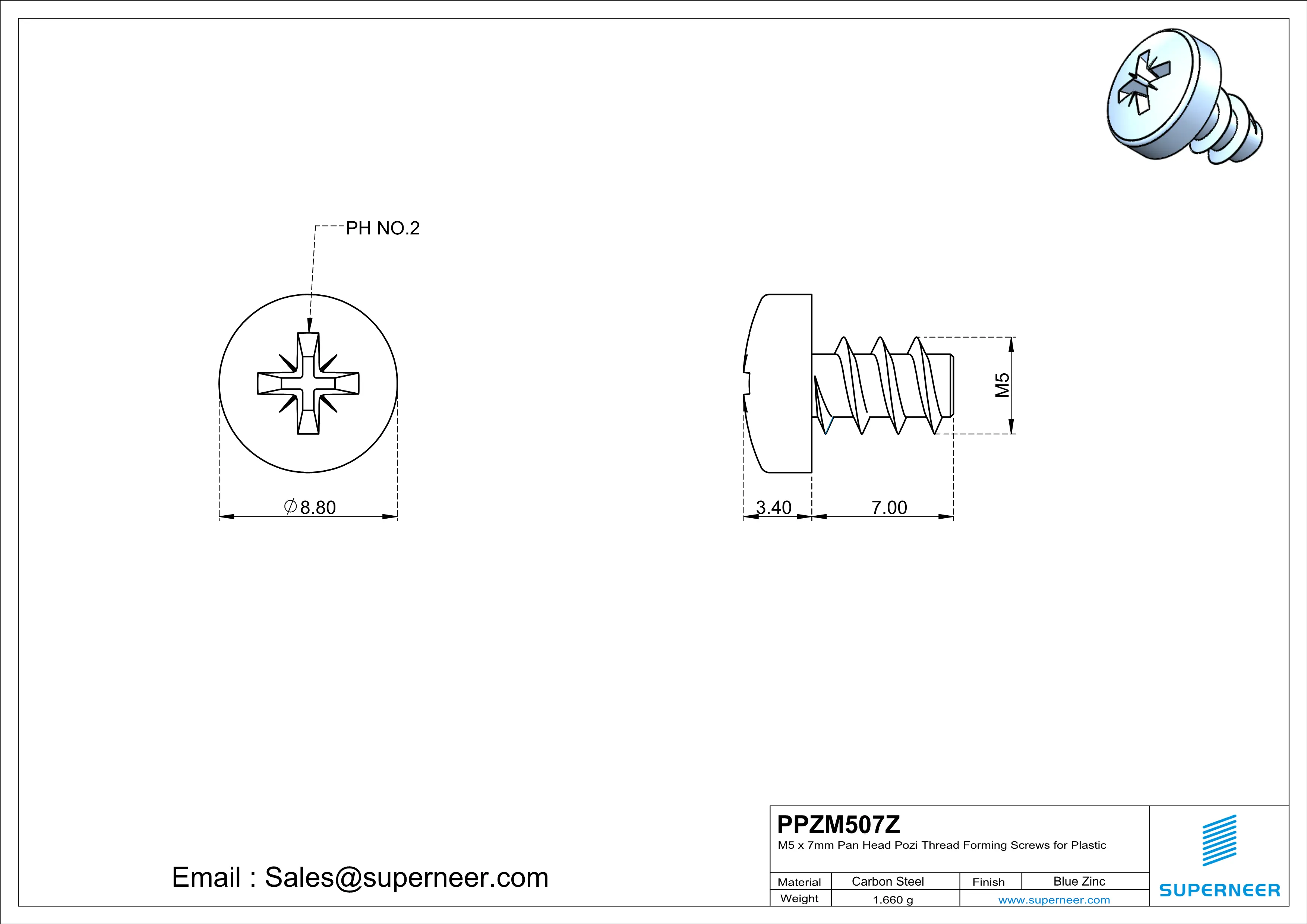 M5 &times; 7mm  Pan Head Pozi Thread Foming Screws for Plastic   Steel Blue Zinc Plated