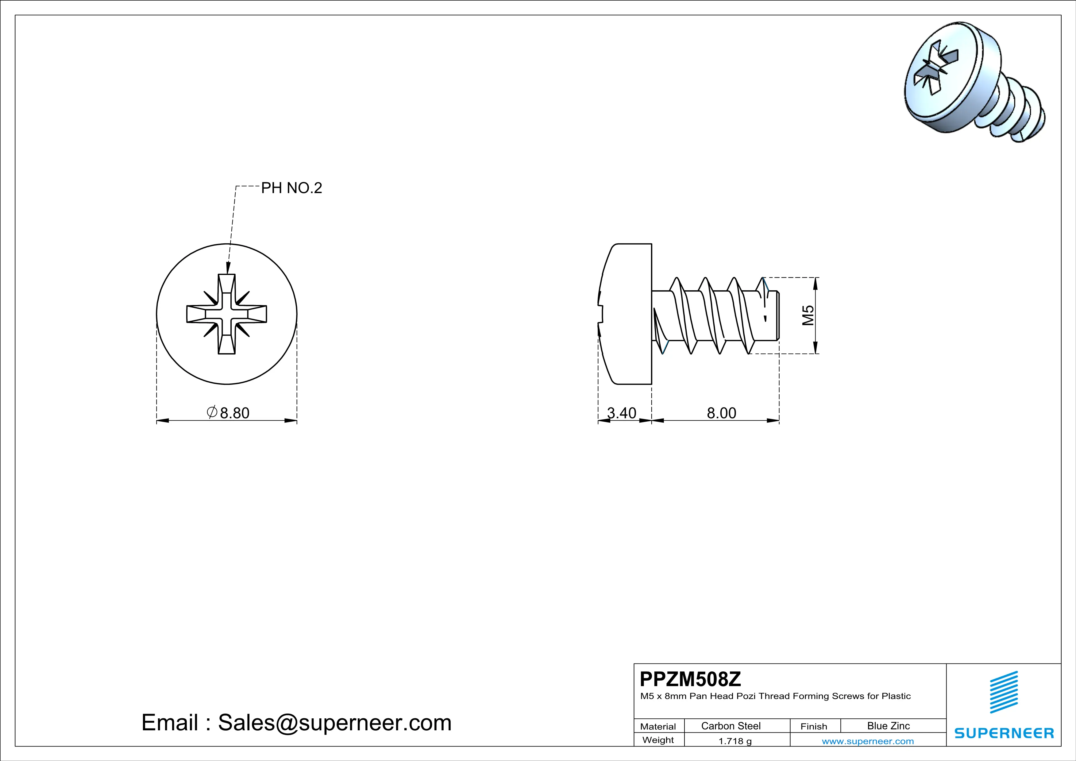 M5 &times; 8mm  Pan Head Pozi Thread Foming Screws for Plastic   Steel Blue Zinc Plated