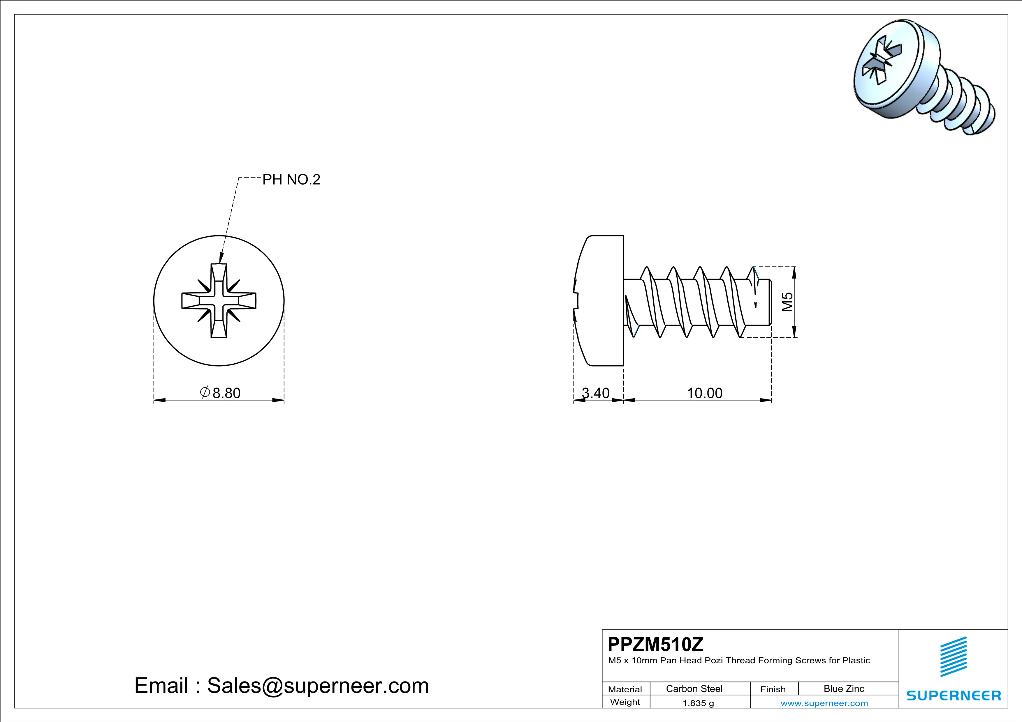 M5 &times; 10mm  Pan Head Pozi Thread Foming Screws for Plastic   Steel Blue Zinc Plated