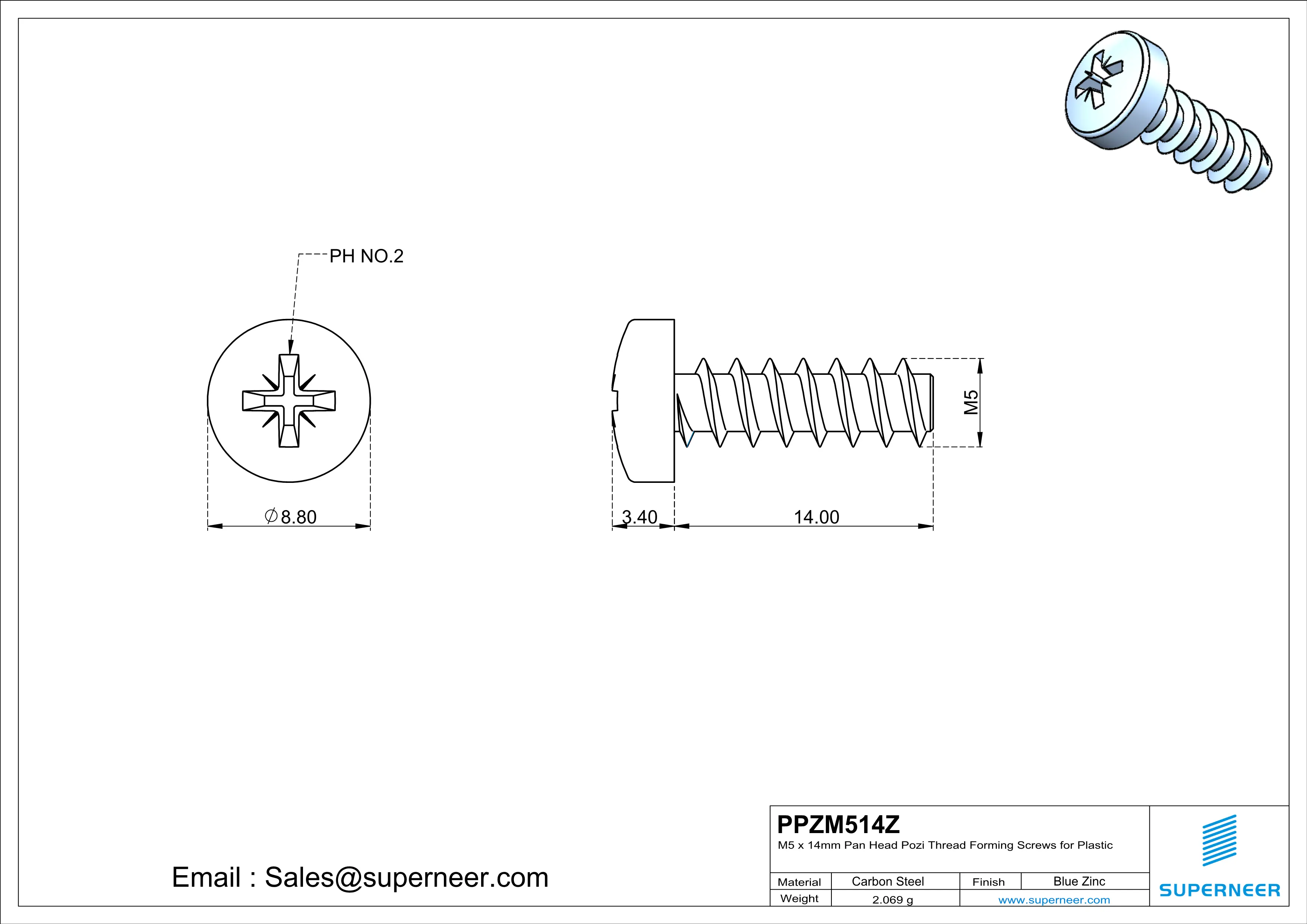 M5 &times; 14mm  Pan Head Pozi Thread Foming Screws for Plastic   Steel Blue Zinc Plated