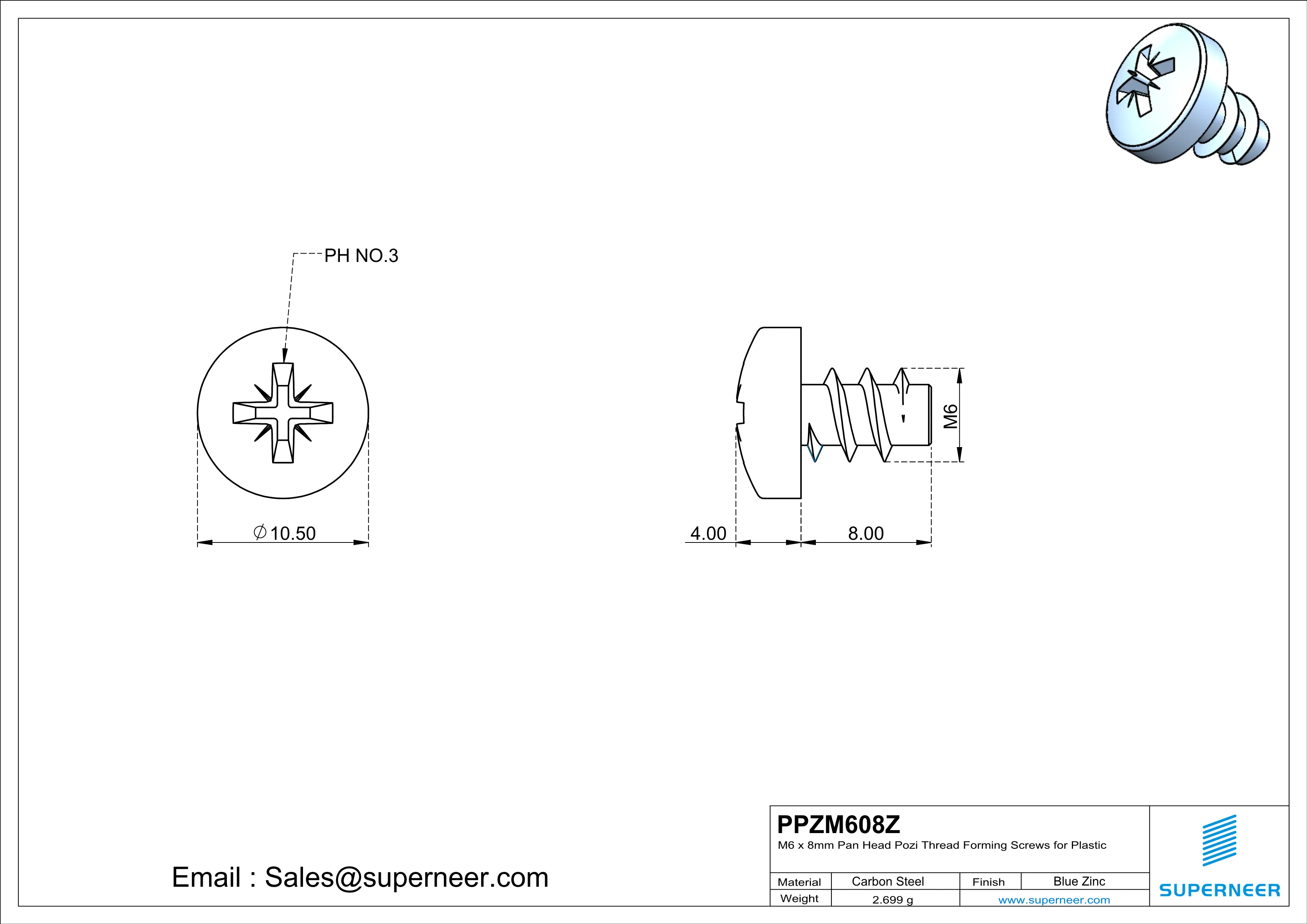 M6 &times; 8mm  Pan Head Pozi Thread Foming Screws for Plastic   Steel Blue Zinc Plated