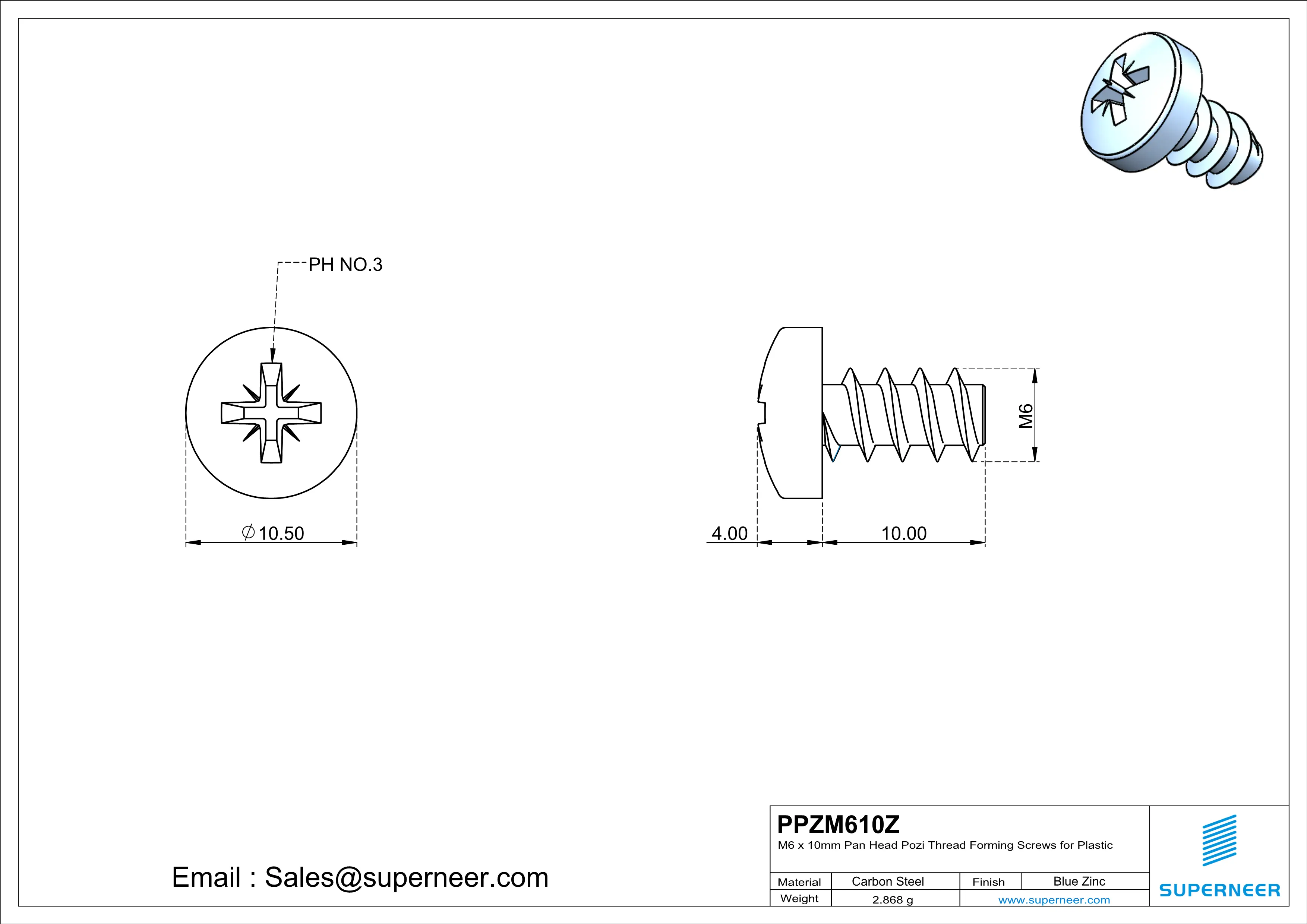 M6 &times; 10mm  Pan Head Pozi Thread Foming Screws for Plastic   Steel Blue Zinc Plated