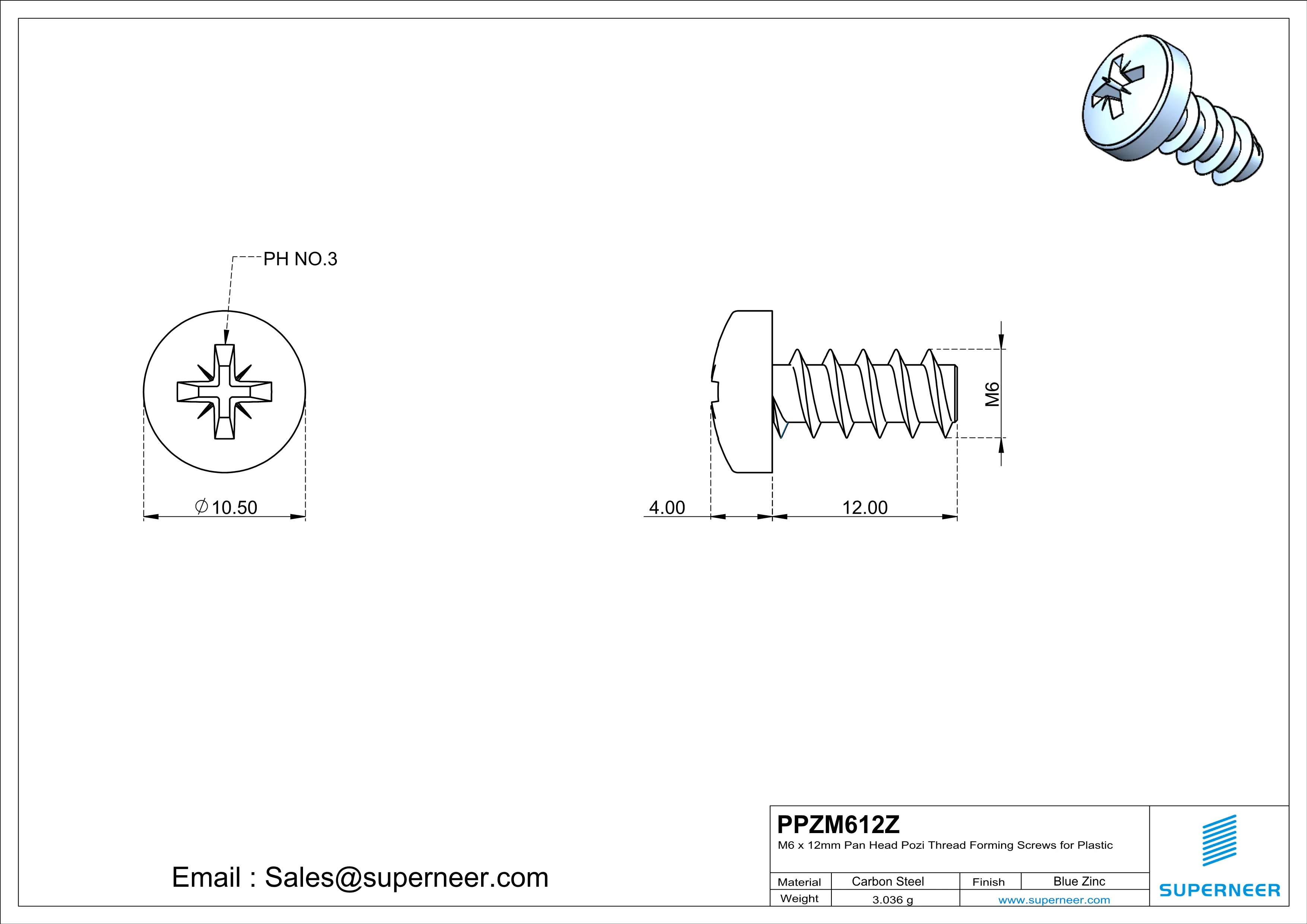 M6 &times; 12mm  Pan Head Pozi Thread Foming Screws for Plastic   Steel Blue Zinc Plated