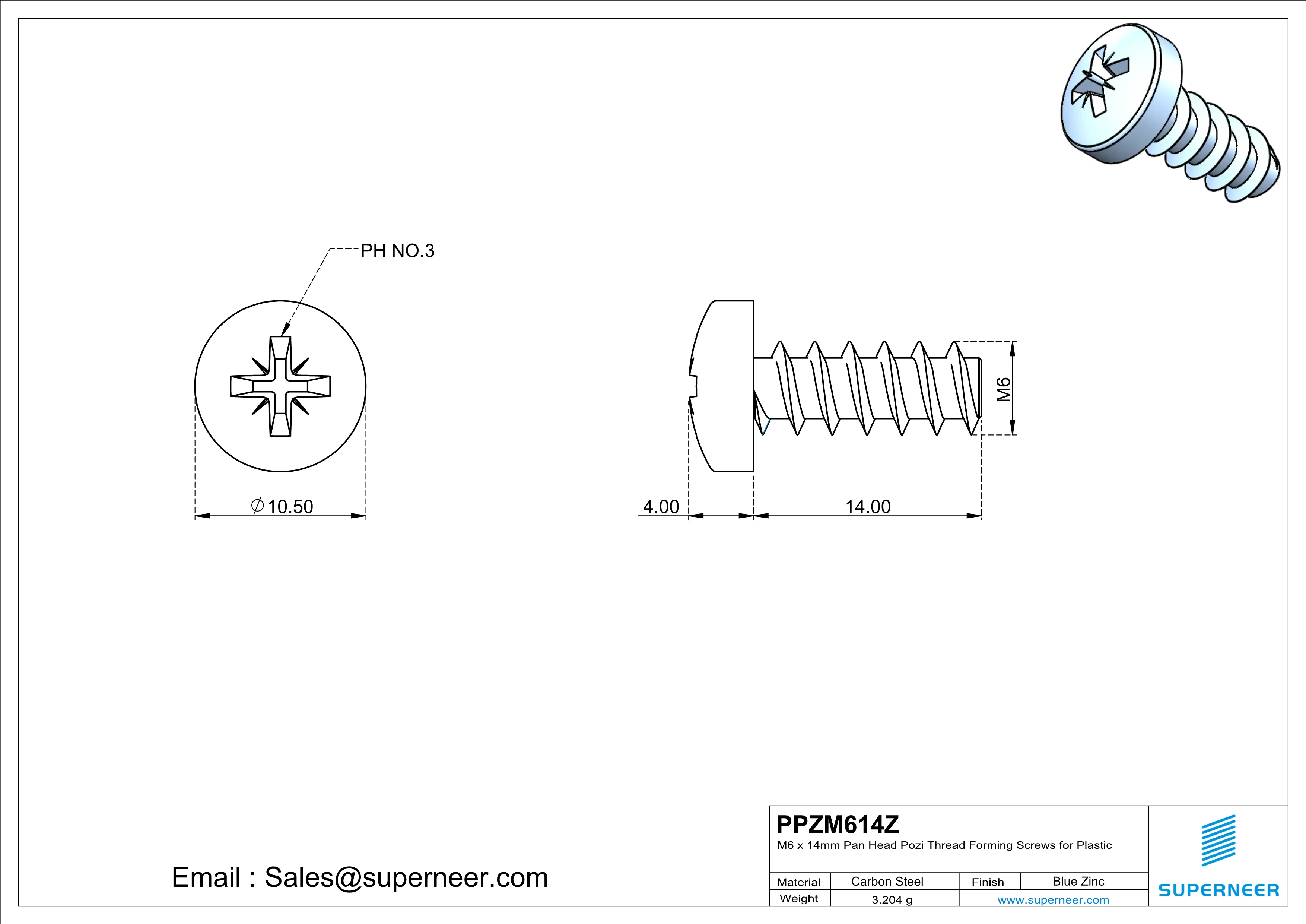 M6 &times; 14mm  Pan Head Pozi Thread Foming Screws for Plastic   Steel Blue Zinc Plated