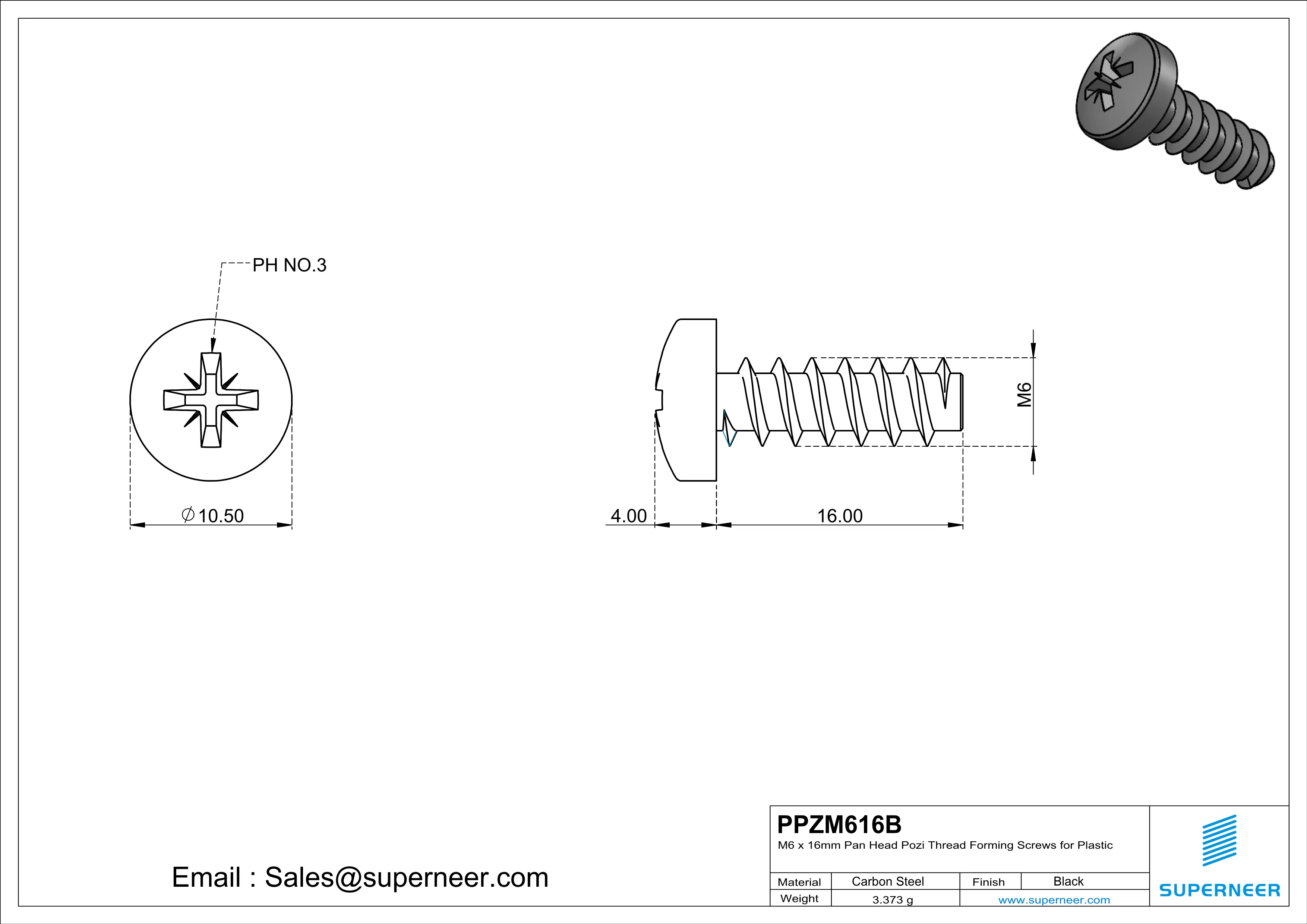 M6 &times; 16mm  Pan Head Pozi Thread Foming Screws for Plastic   Steel Black