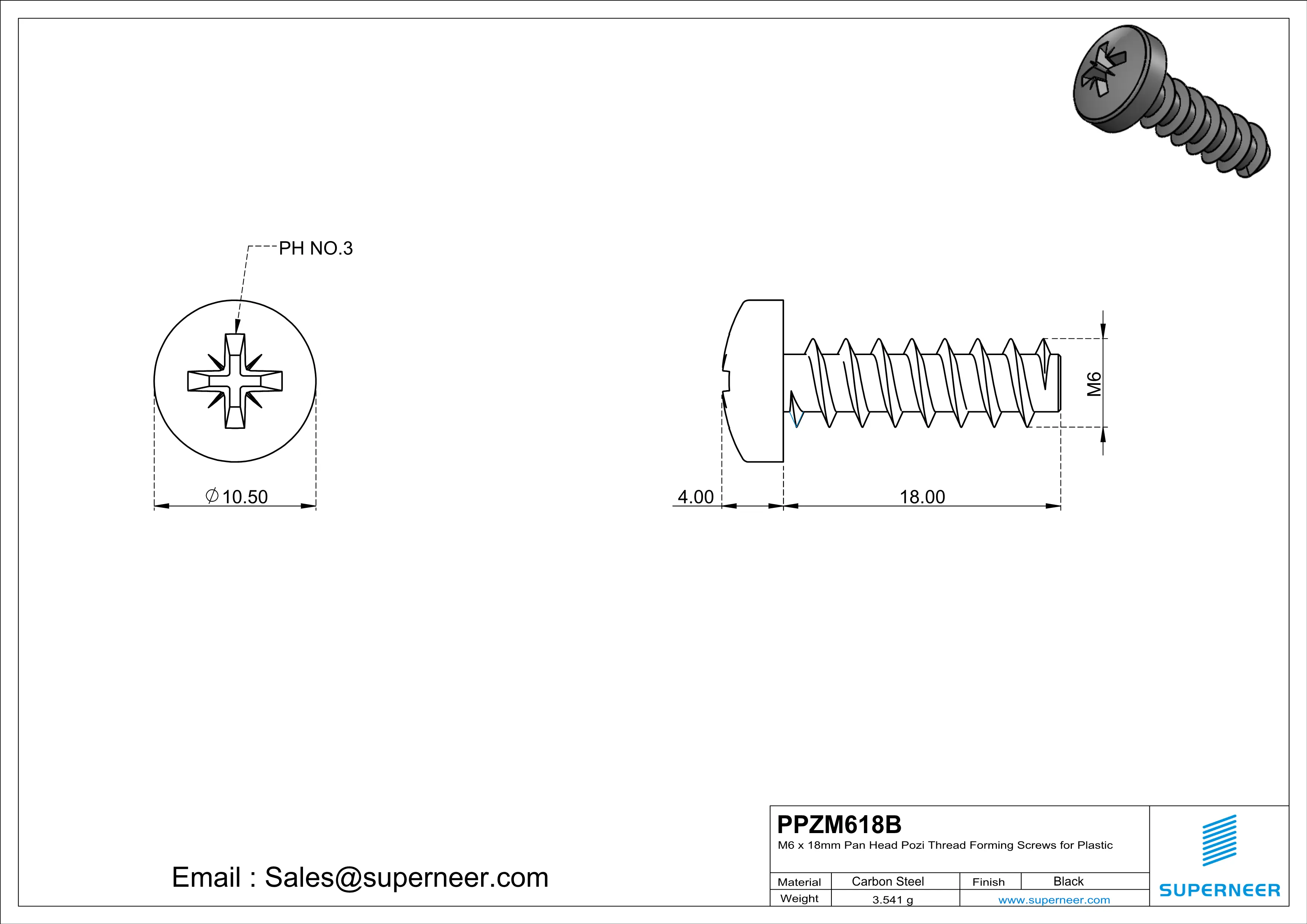 M6 &times; 18mm  Pan Head Pozi Thread Foming Screws for Plastic   Steel Black