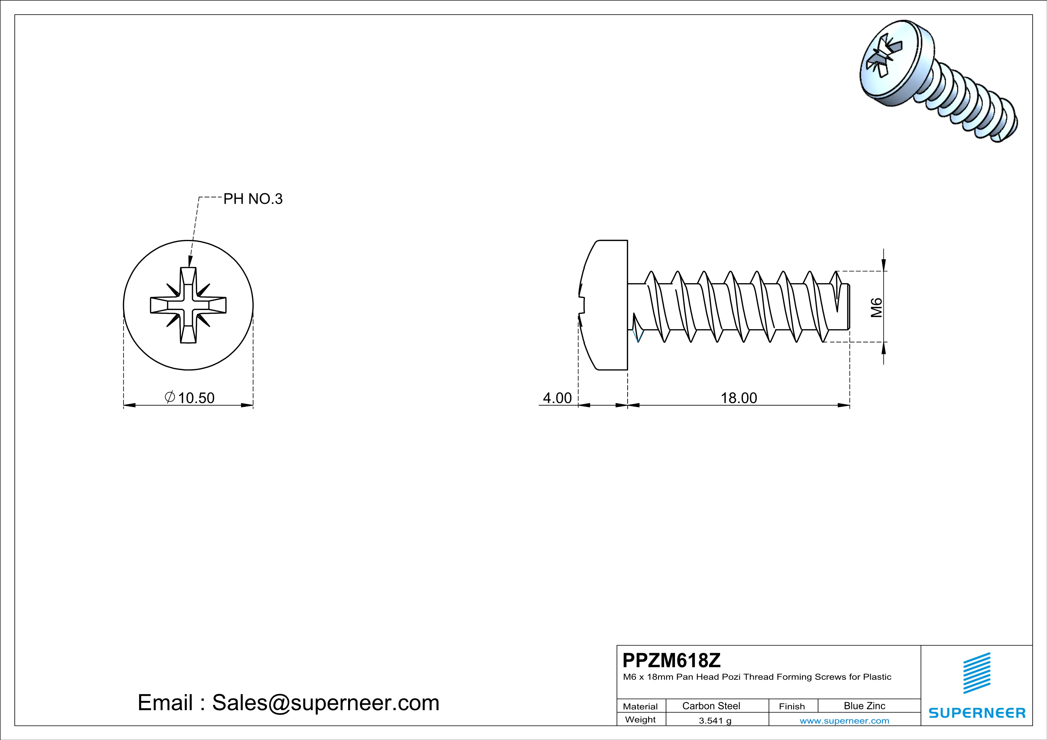 M6 &times; 18mm  Pan Head Pozi Thread Foming Screws for Plastic   Steel Blue Zinc Plated