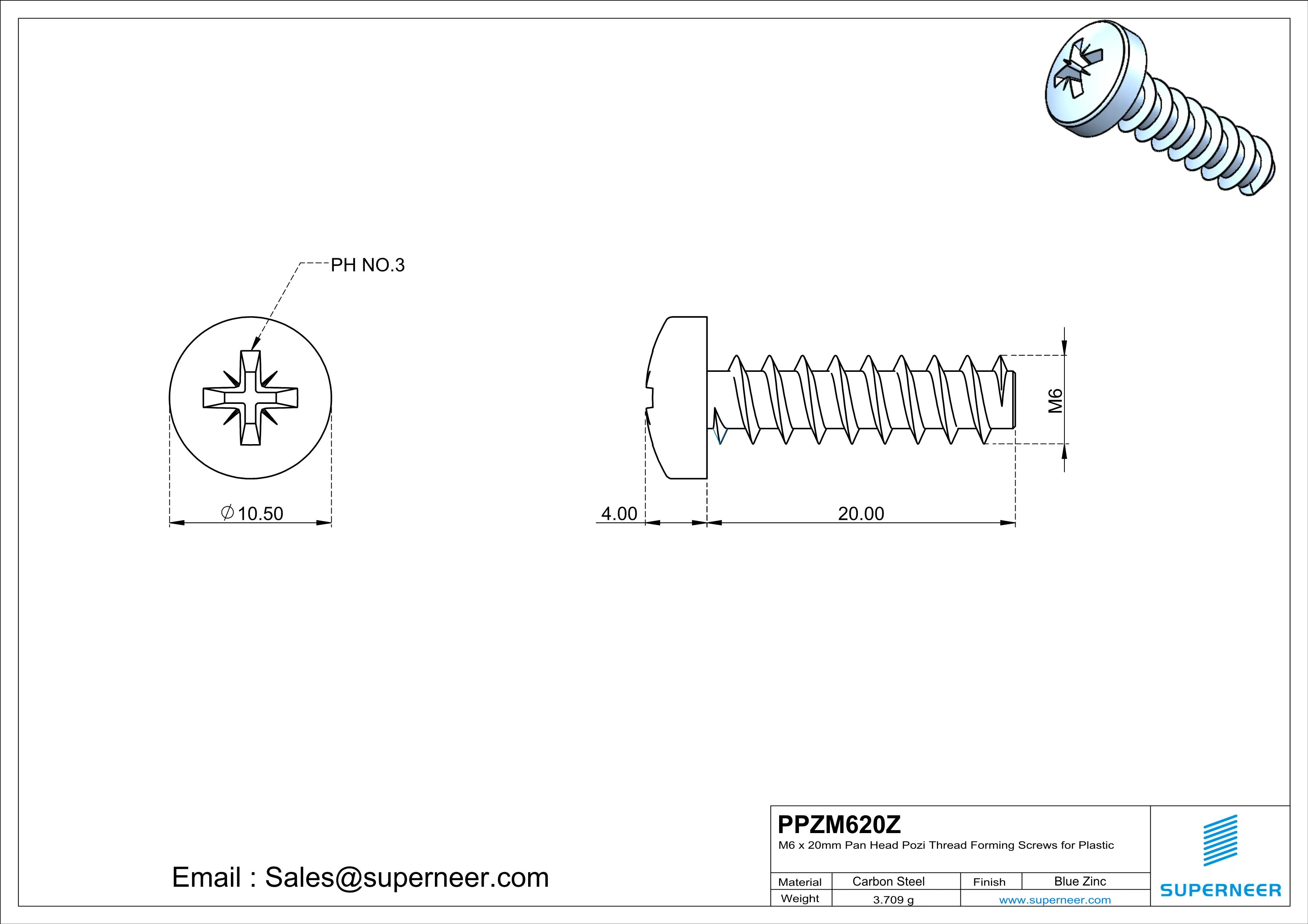 M6 &times; 20mm  Pan Head Pozi Thread Foming Screws for Plastic   Steel Blue Zinc Plated