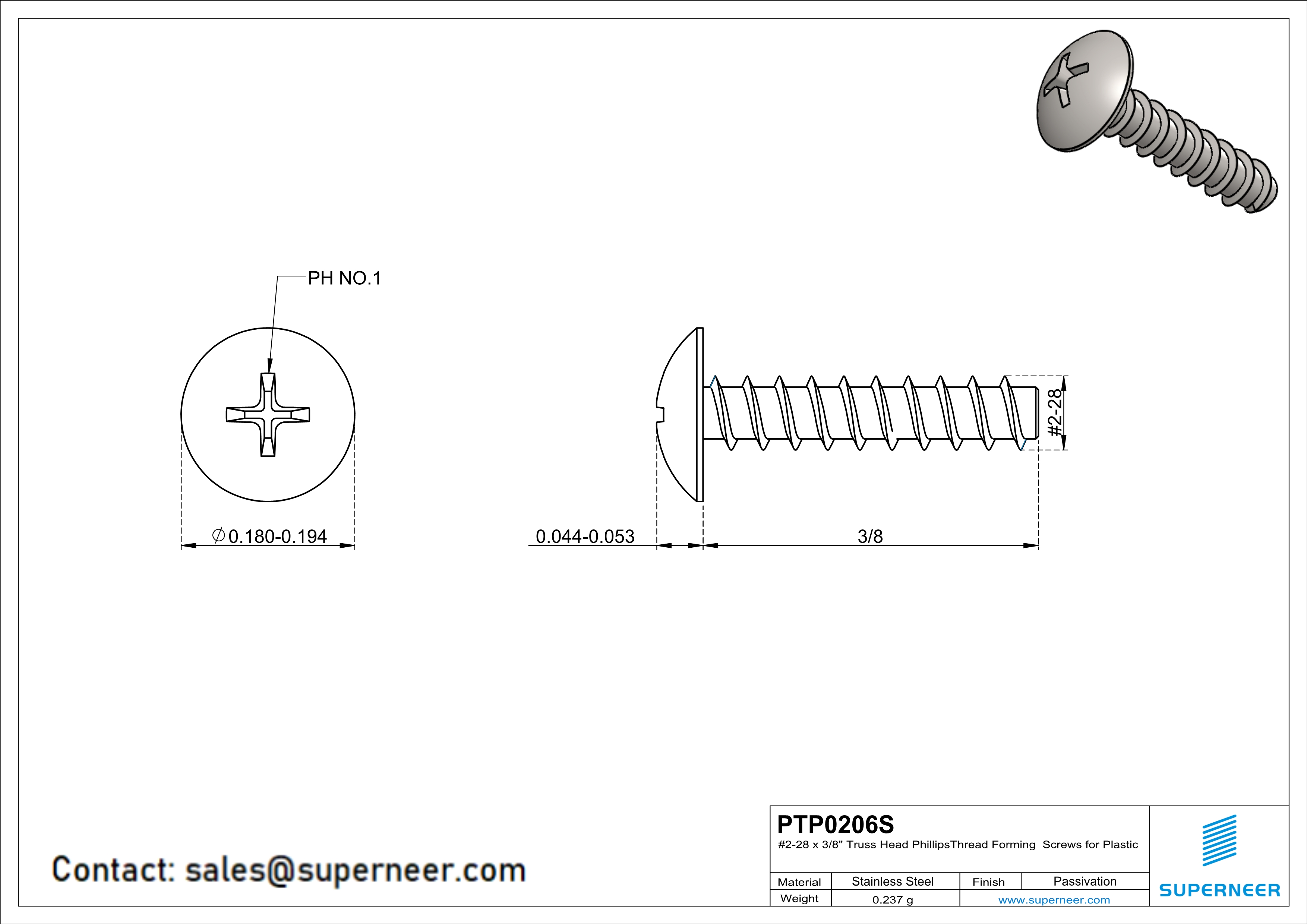 2 &times; 3/8" Truss Head Phillips Thread Forming inch Screws for Plastic  SUS304 Stainless Steel Inox