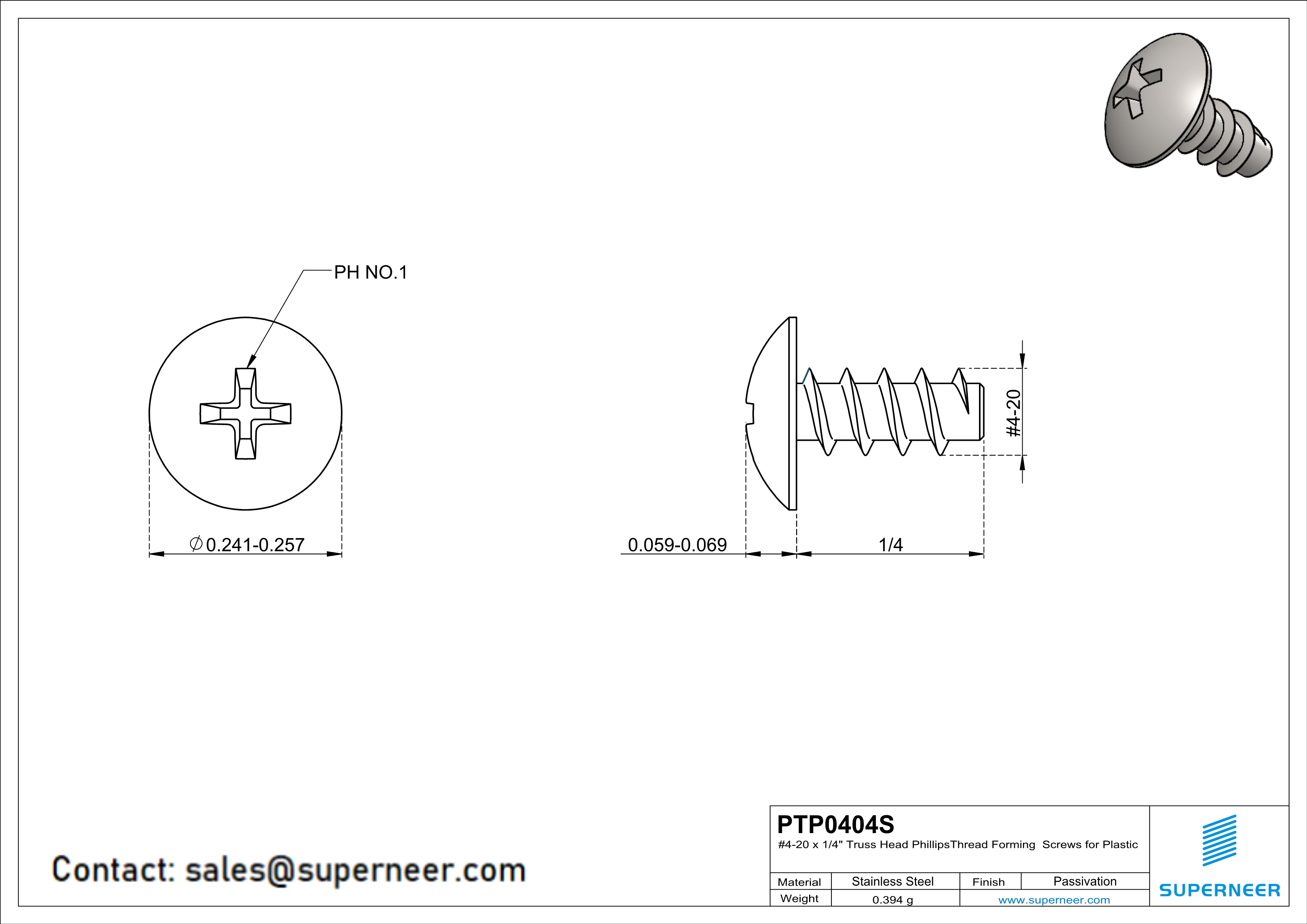 4 &times; 1/4" Truss Head Phillips Thread Forming inch Screws for Plastic  SUS304 Stainless Steel Inox