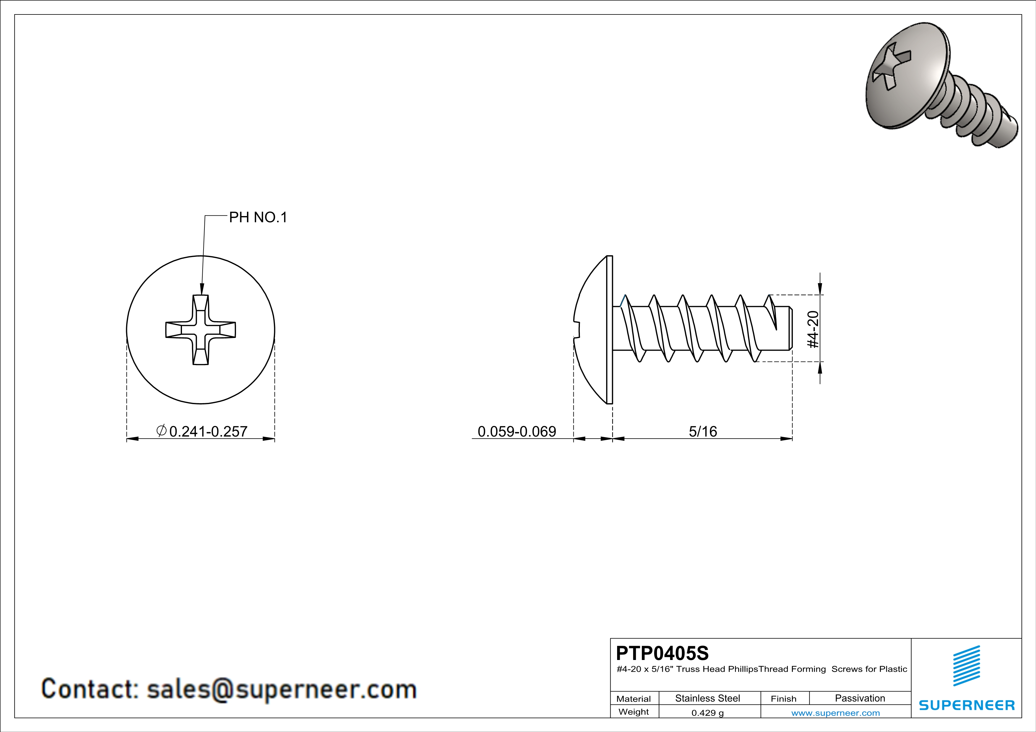 4 &times; 5/16" Truss Head Phillips Thread Forming inch Screws for Plastic  SUS304 Stainless Steel Inox