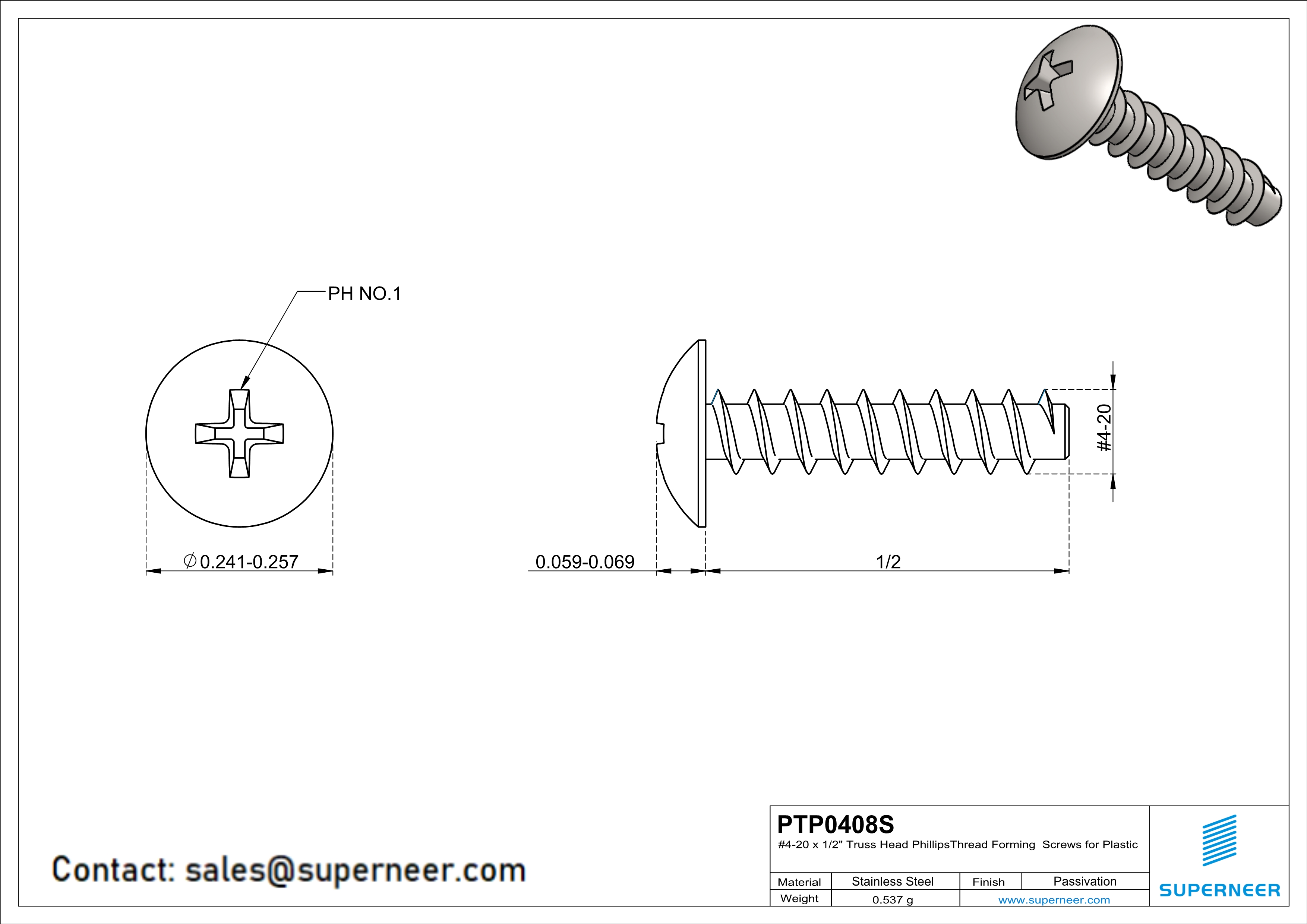 4 &times; 1/2" Truss Head Phillips Thread Forming inch Screws for Plastic  SUS304 Stainless Steel Inox