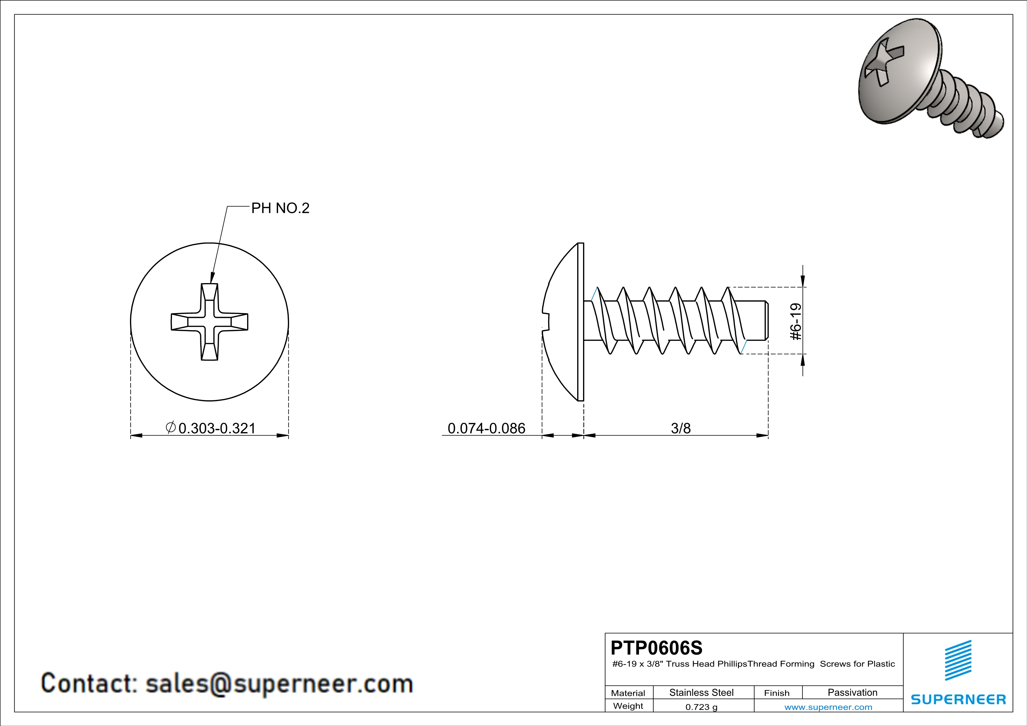 6 &times; 3/8" Truss Head Phillips Thread Forming inch Screws for Plastic  SUS304 Stainless Steel Inox