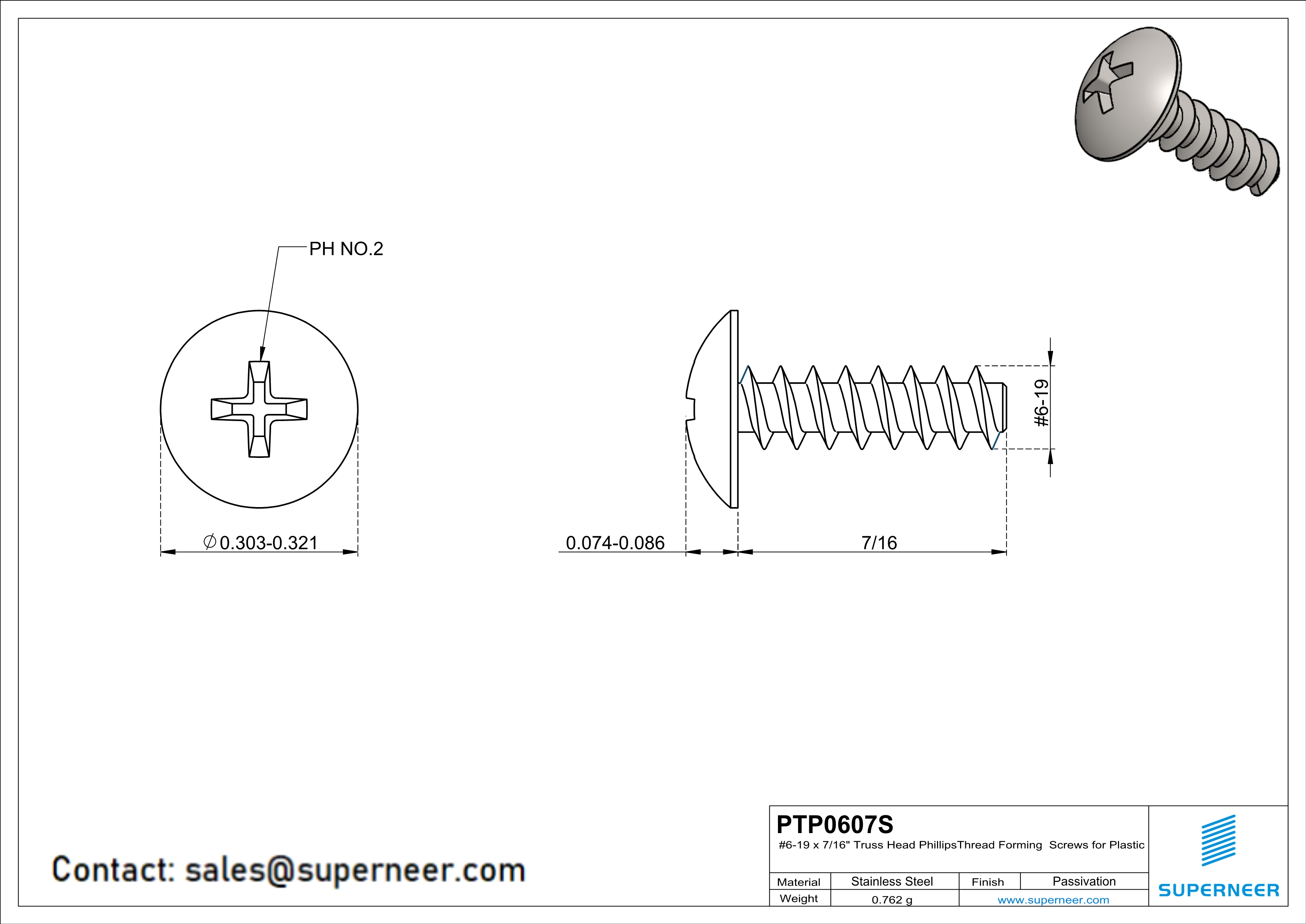 6 &times; 7/16" Truss Head Phillips Thread Forming inch Screws for Plastic  SUS304 Stainless Steel Inox