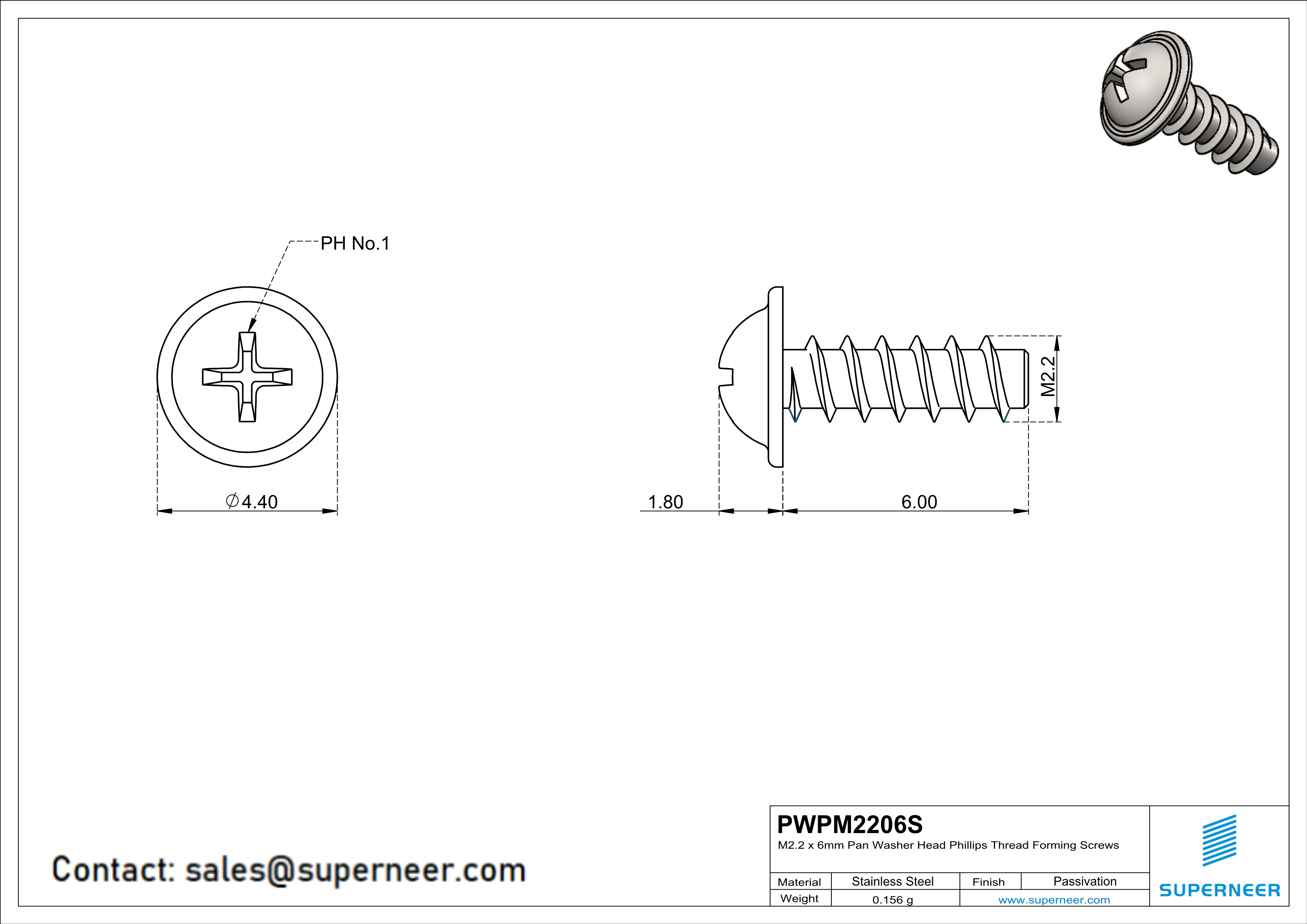 M2.2 &times; 6mm  Pan Washer Head Phillips Thread Foming Screws for Plastic SUS304 Stainless Steel Inox