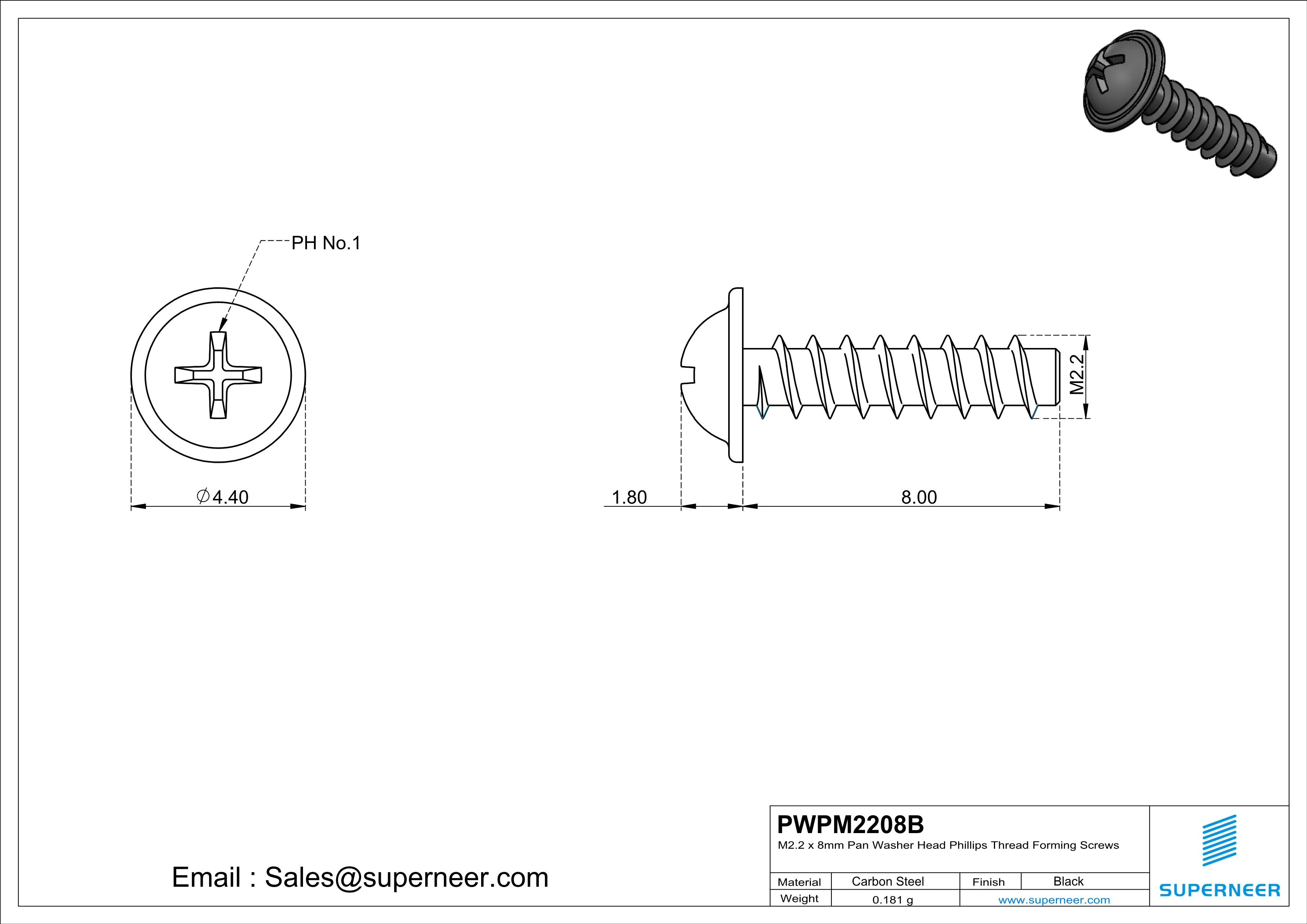 M2.2 &times; 8mm  Pan Washer Head Phillips Thread Foming Screws for Plastic   Steel Black