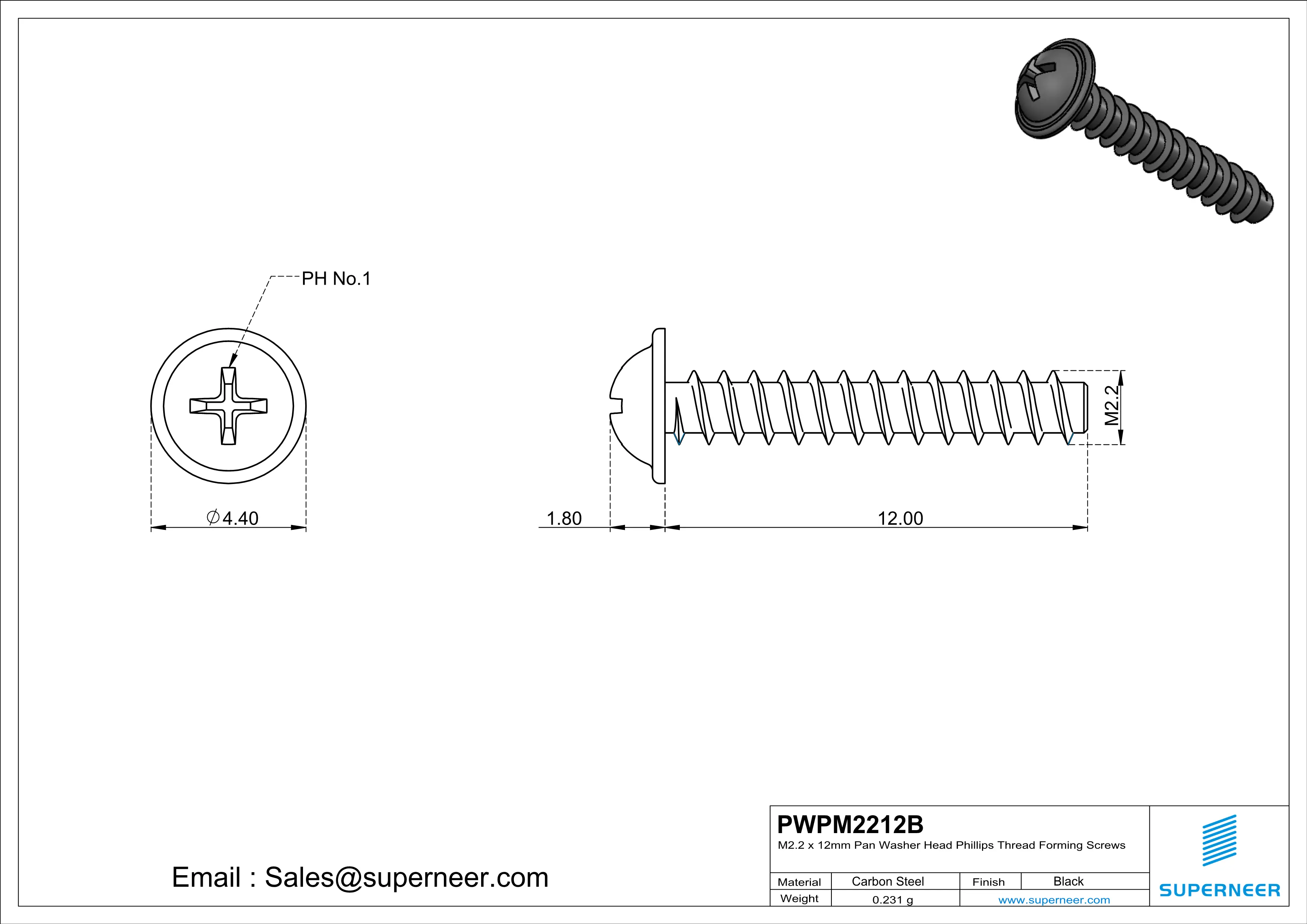 M2.2 &times; 12mm  Pan Washer Head Phillips Thread Foming Screws for Plastic   Steel Black