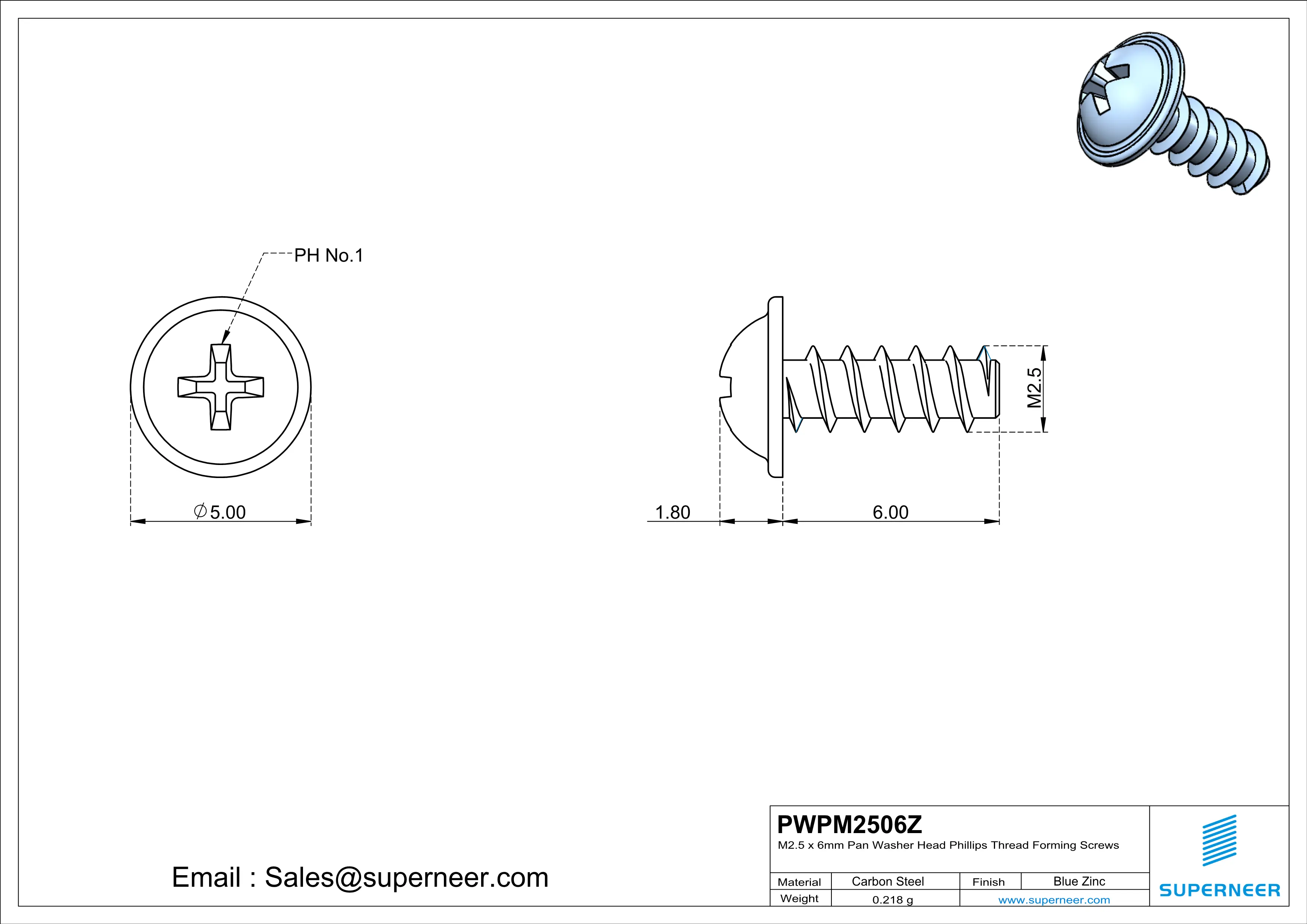 M2.5 &times; 6mm  Pan Washer Head Phillips Thread Foming Screws for Plastic   Steel Blue Zinc Plated