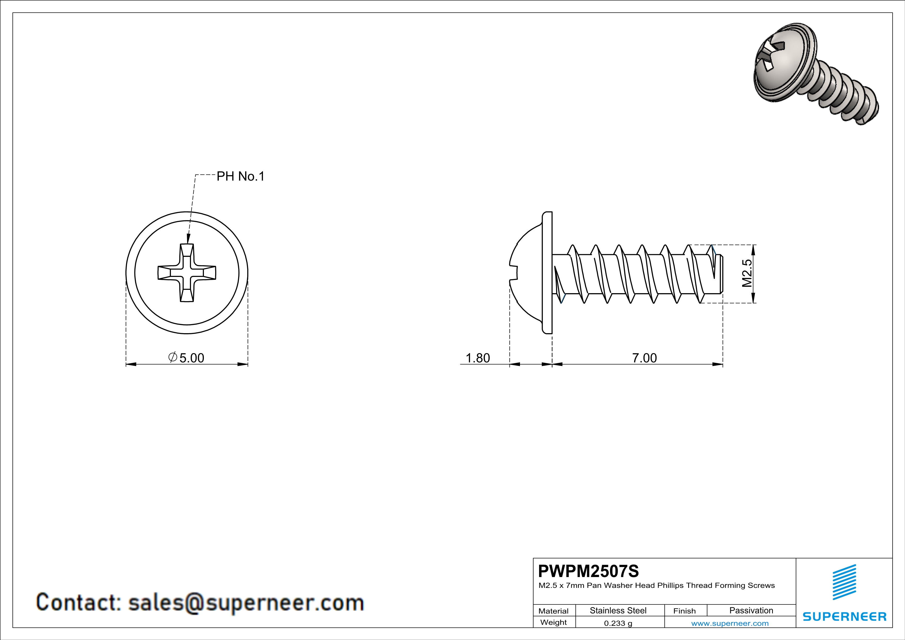 M2.5 &times; 7mm  Pan Washer Head Phillips Thread Foming Screws for Plastic SUS304 Stainless Steel Inox