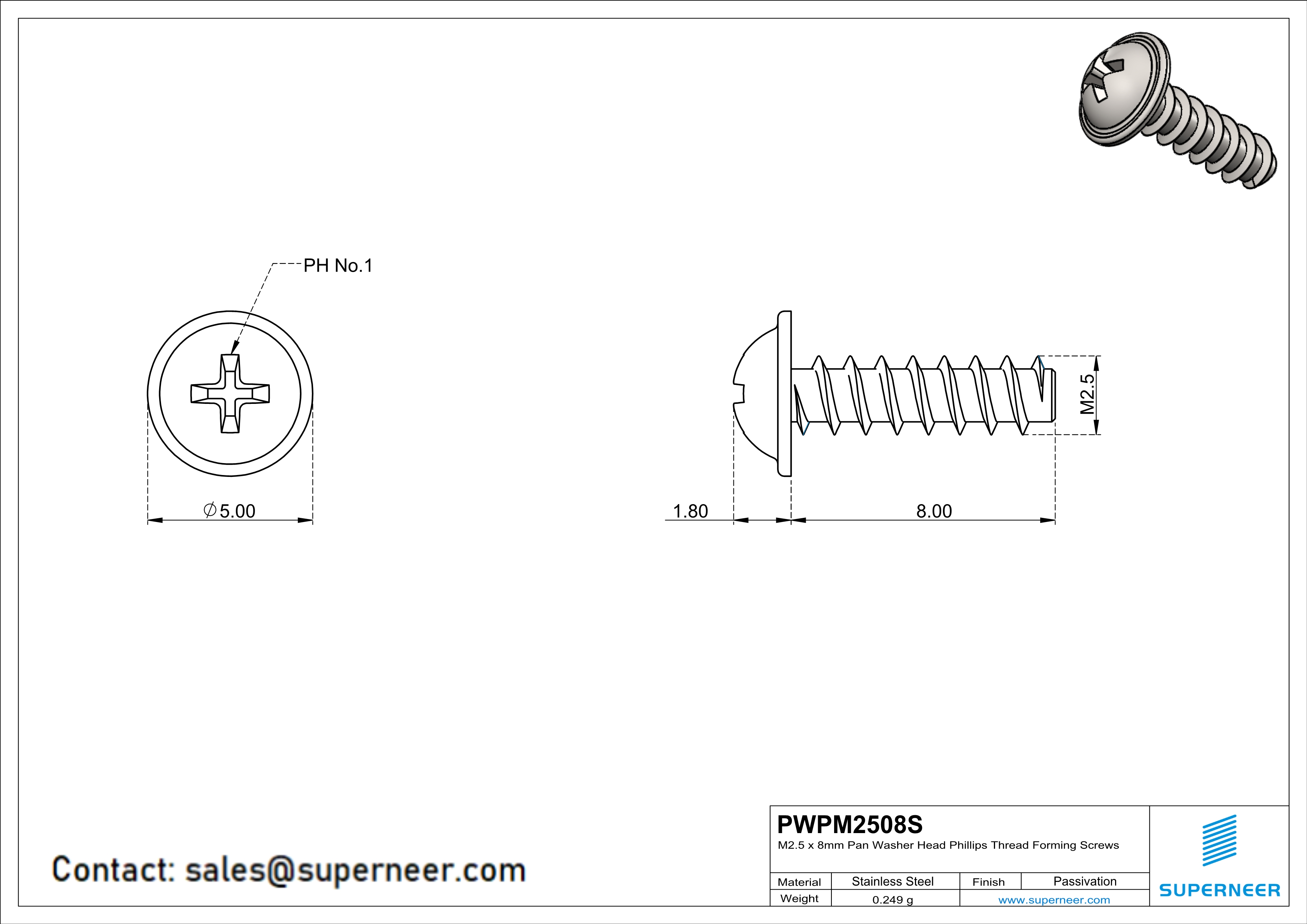 M2.5 &times; 8mm  Pan Washer Head Phillips Thread Foming Screws for Plastic SUS304 Stainless Steel Inox