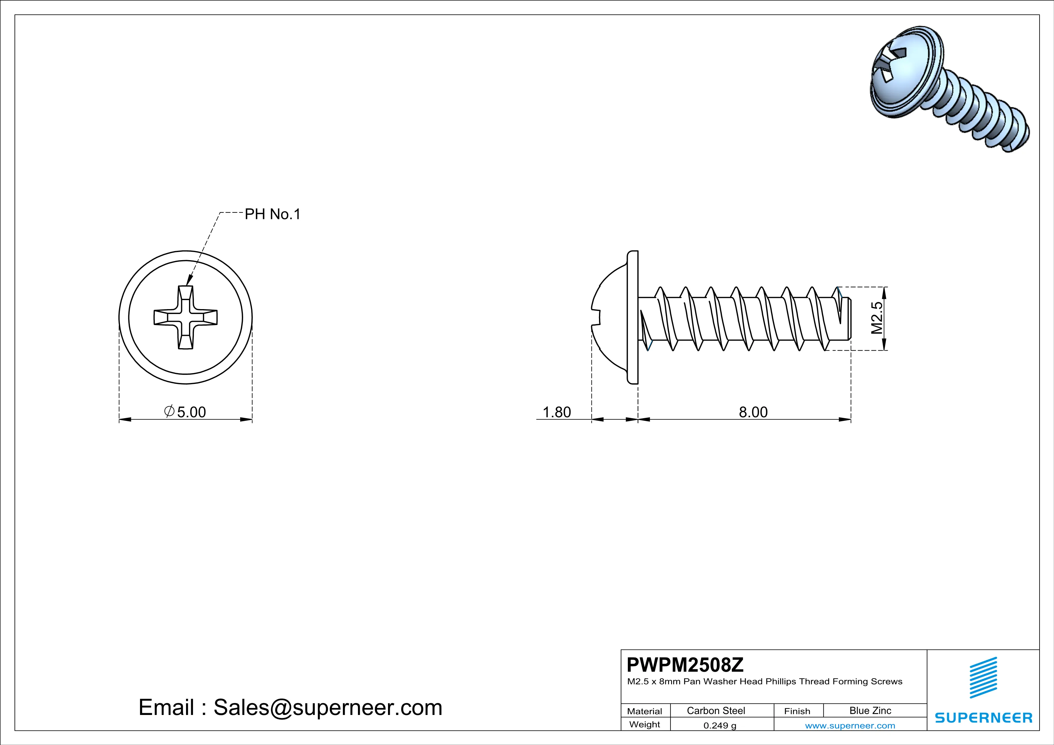M2.5 &times; 8mm  Pan Washer Head Phillips Thread Foming Screws for Plastic   Steel Blue Zinc Plated