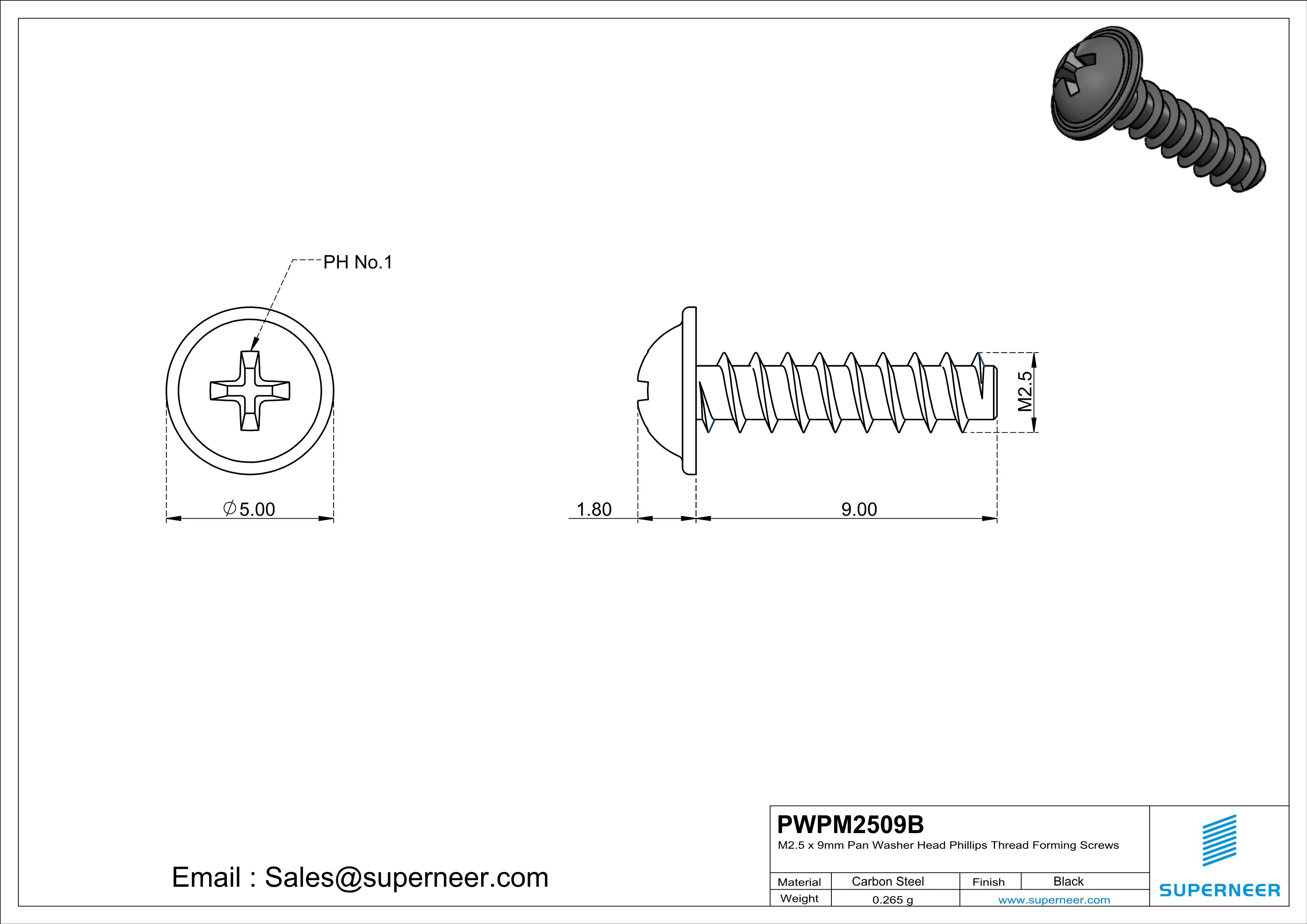 M2.5 &times; 9mm  Pan Washer Head Phillips Thread Foming Screws for Plastic   Steel Black