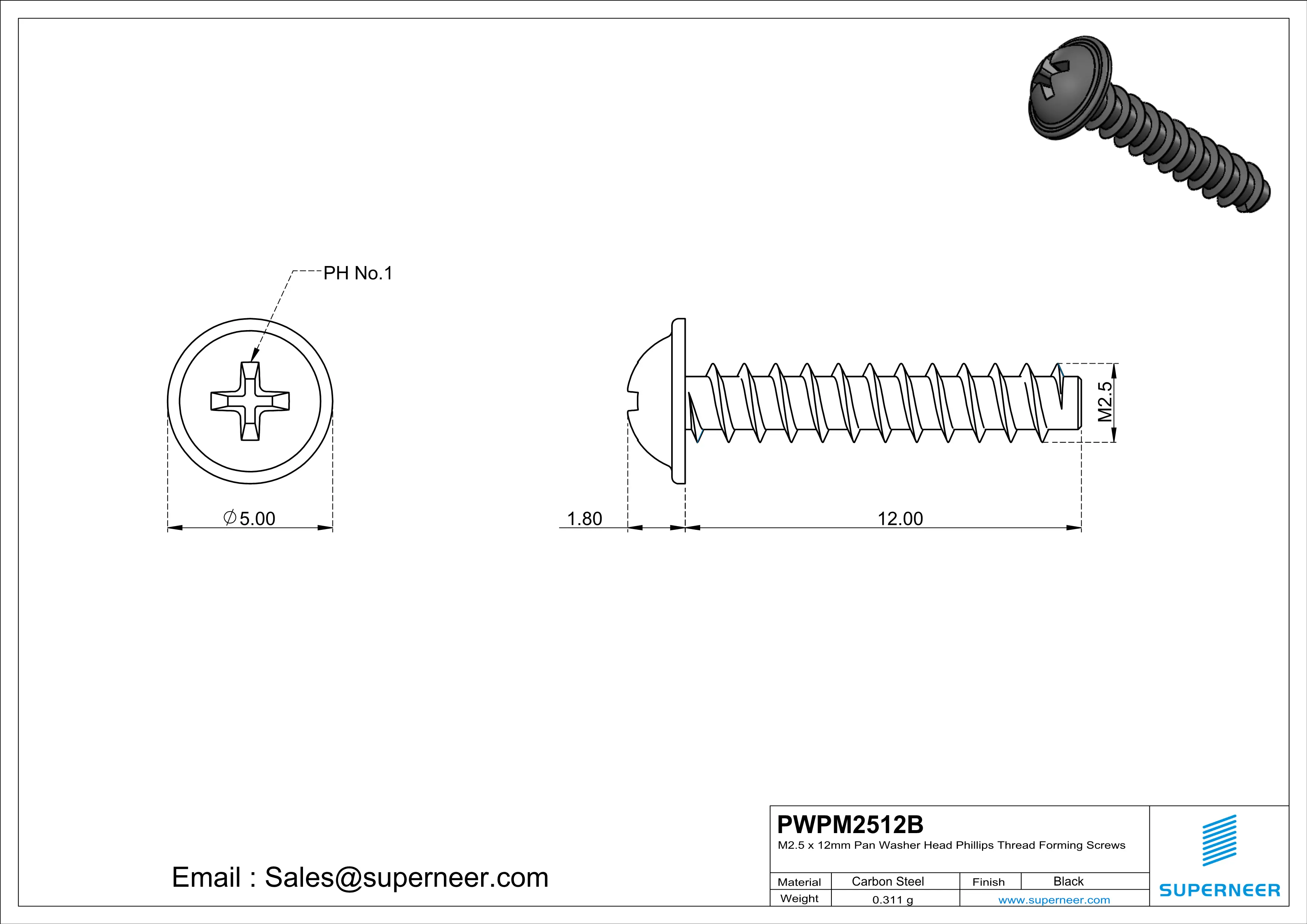 M2.5 &times; 12mm  Pan Washer Head Phillips Thread Foming Screws for Plastic   Steel Black