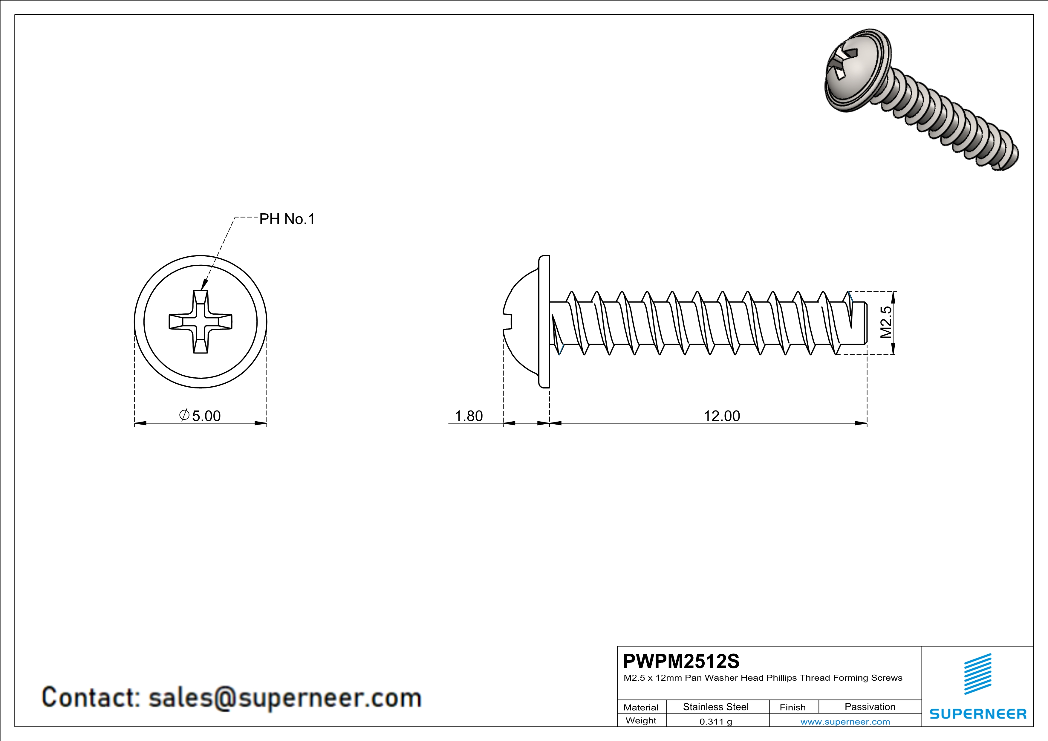 M2.5 &times; 12mm  Pan Washer Head Phillips Thread Foming Screws for Plastic SUS304 Stainless Steel Inox