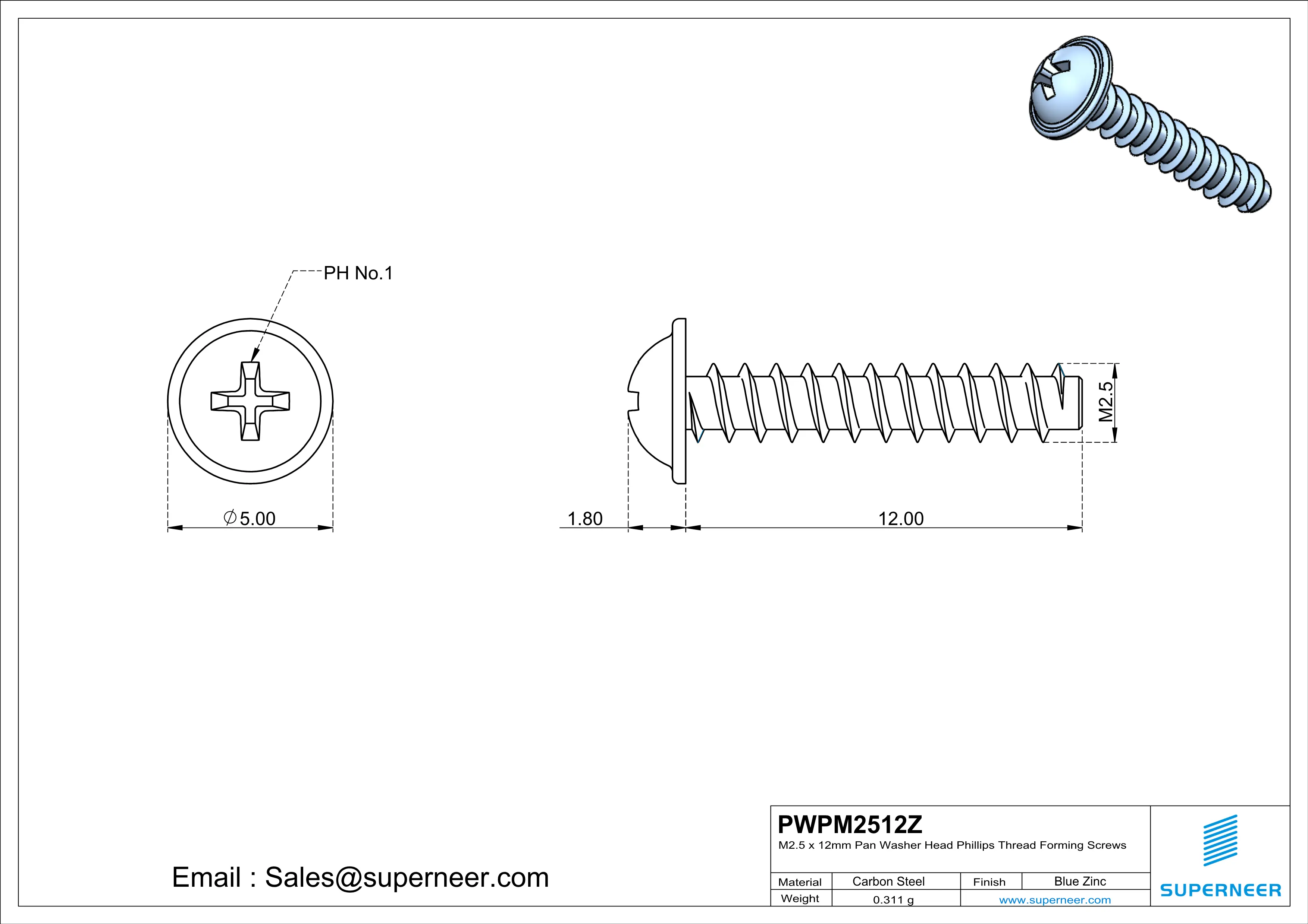 M2.5 &times; 12mm  Pan Washer Head Phillips Thread Foming Screws for Plastic   Steel Blue Zinc Plated