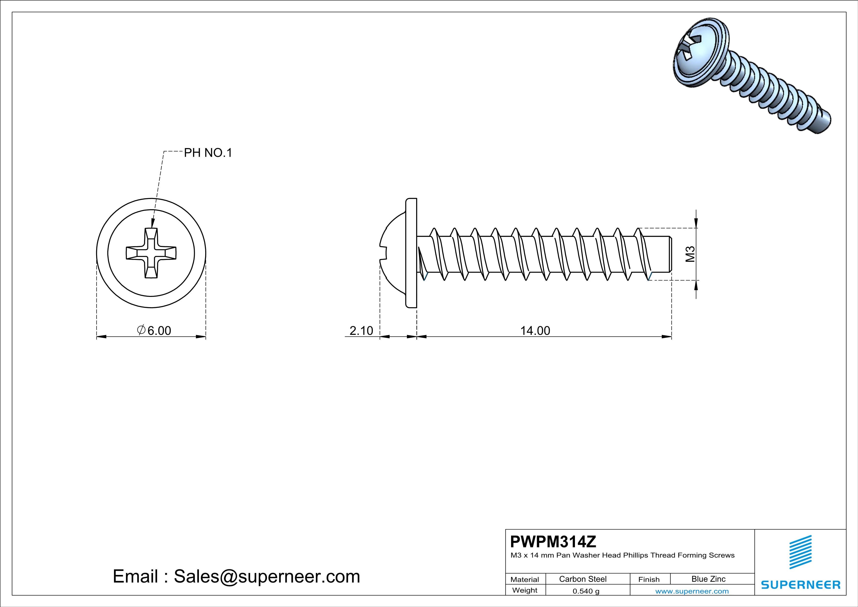 M3 &times; 14mm  Pan Washer Head Phillips Thread Foming Screws for Plastic   Steel Blue Zinc Plated