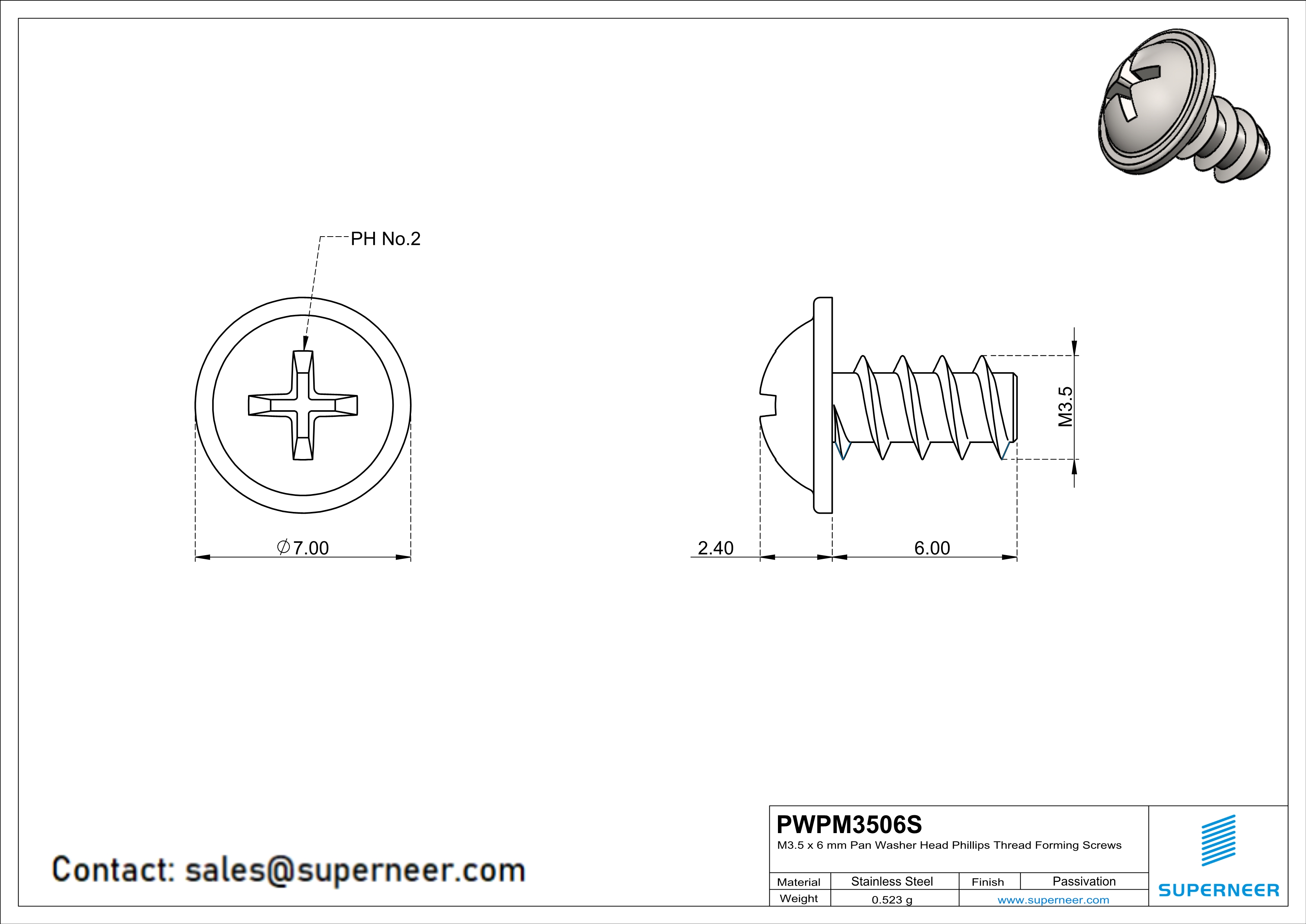 M3.5 &times; 6mm  Pan Washer Head Phillips Thread Foming Screws for Plastic SUS304 Stainless Steel Inox