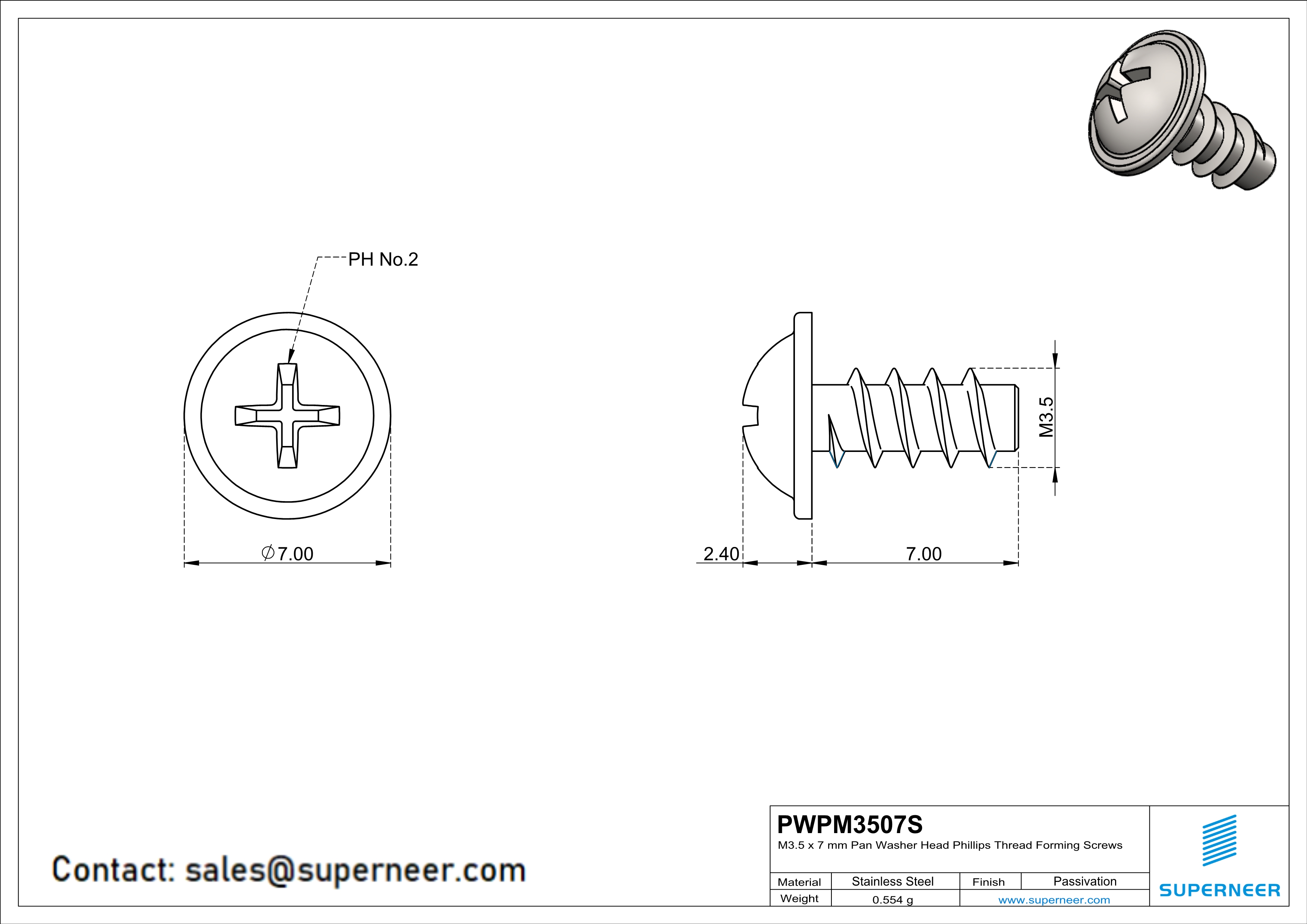 M3.5 &times; 7mm  Pan Washer Head Phillips Thread Foming Screws for Plastic SUS304 Stainless Steel Inox