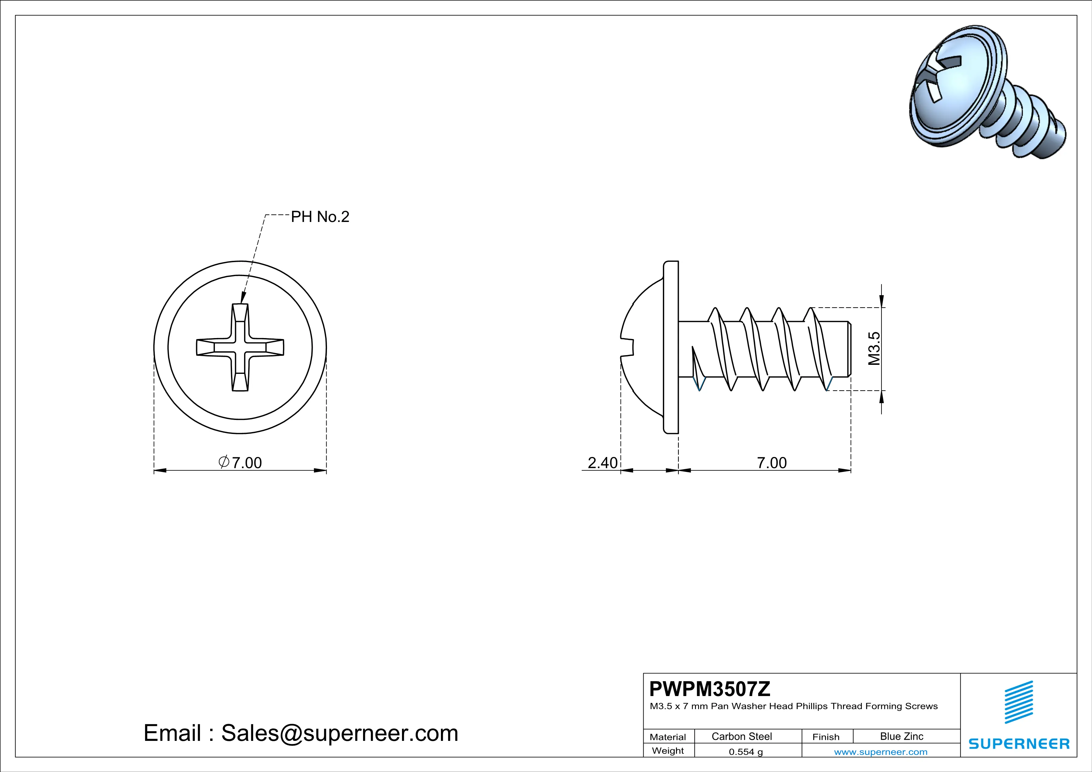 M3.5 &times; 7mm  Pan Washer Head Phillips Thread Foming Screws for Plastic   Steel Blue Zinc Plated