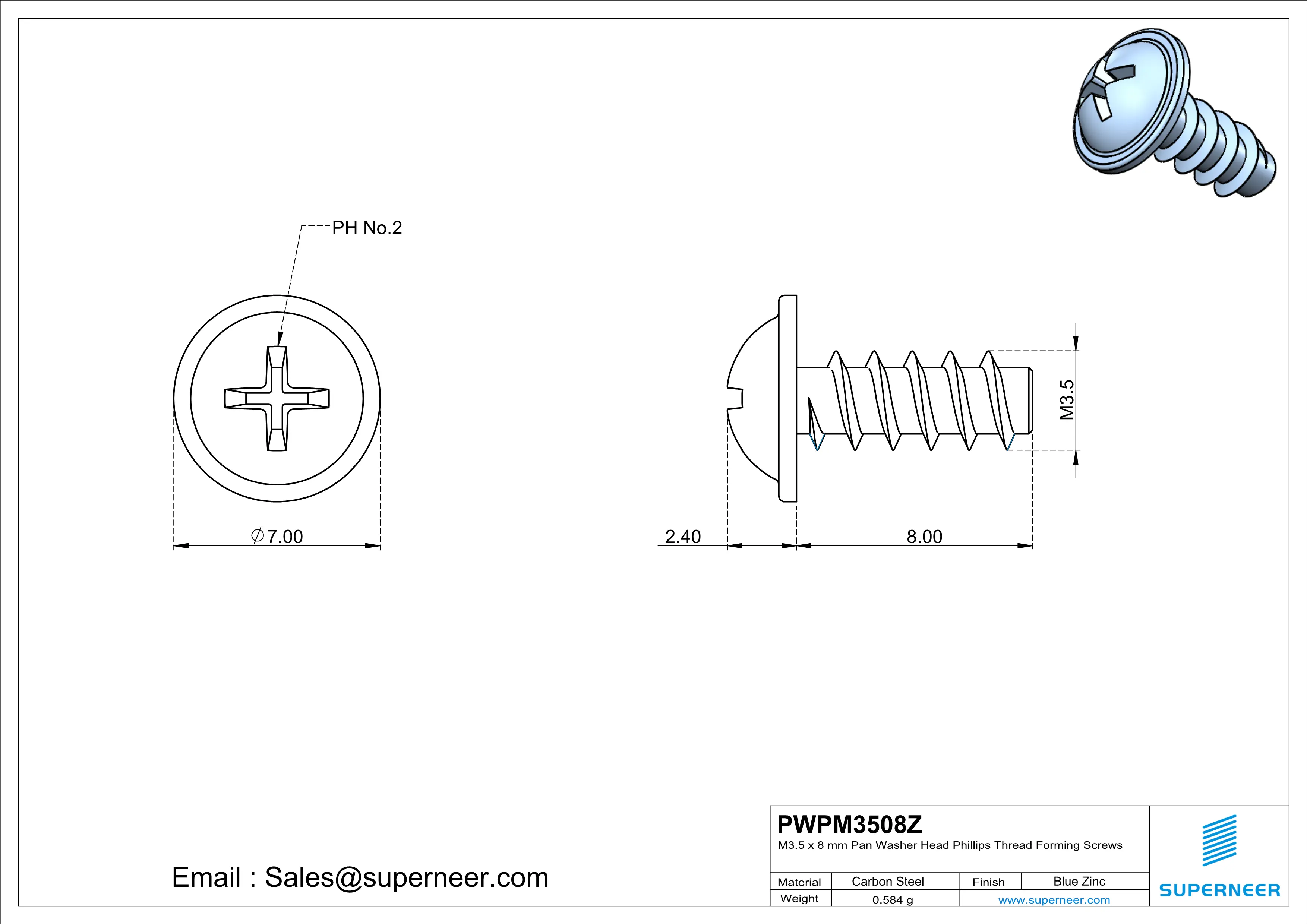 M3.5 &times; 8mm  Pan Washer Head Phillips Thread Foming Screws for Plastic   Steel Blue Zinc Plated