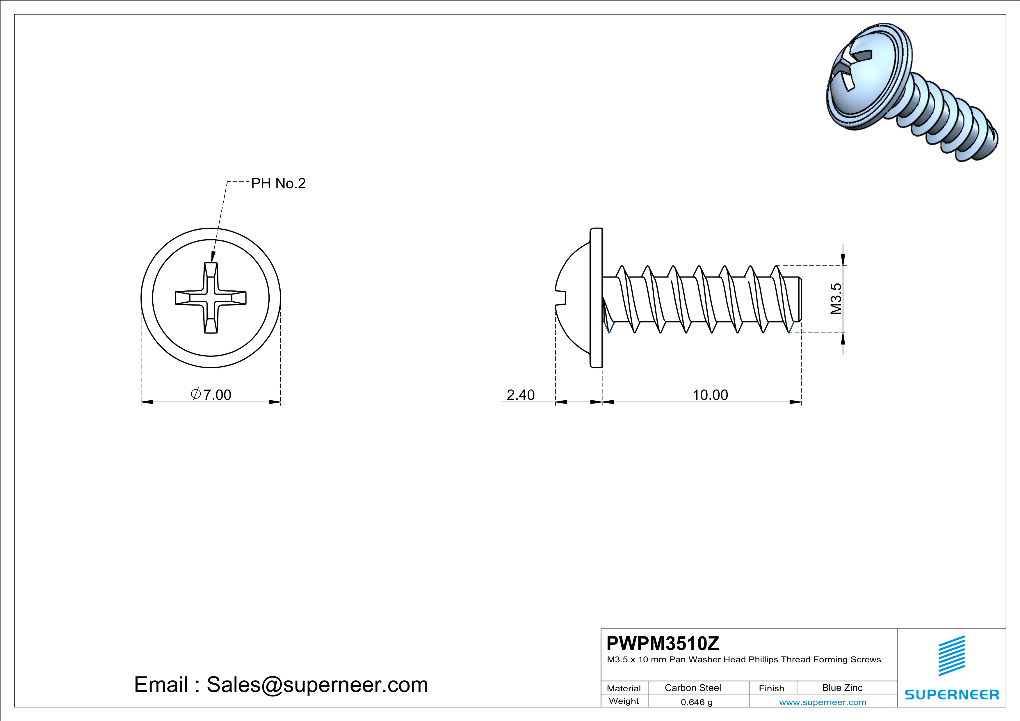 M3.5 &times; 10mm  Pan Washer Head Phillips Thread Foming Screws for Plastic   Steel Blue Zinc Plated