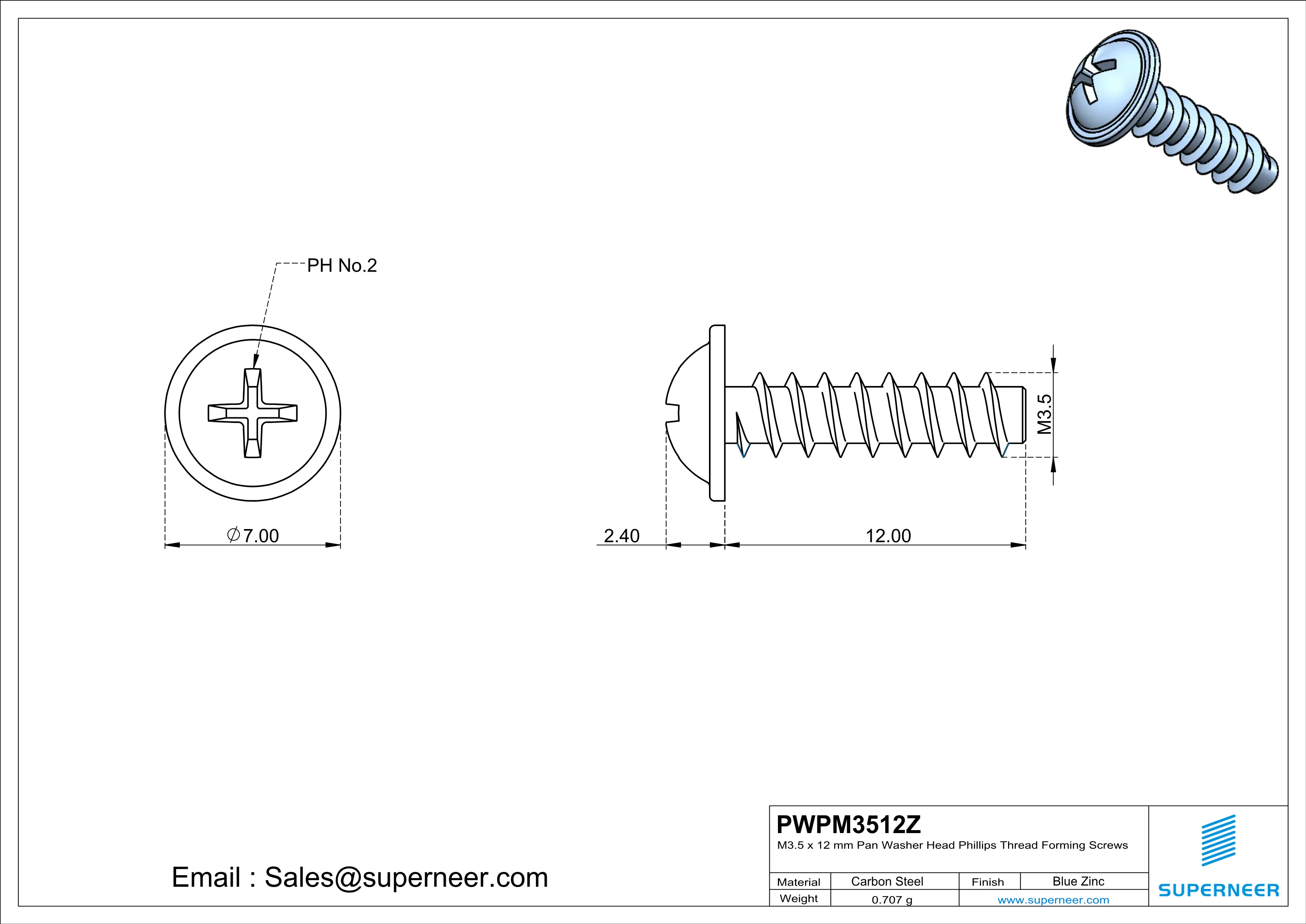 M3.5 &times; 12mm  Pan Washer Head Phillips Thread Foming Screws for Plastic   Steel Blue Zinc Plated